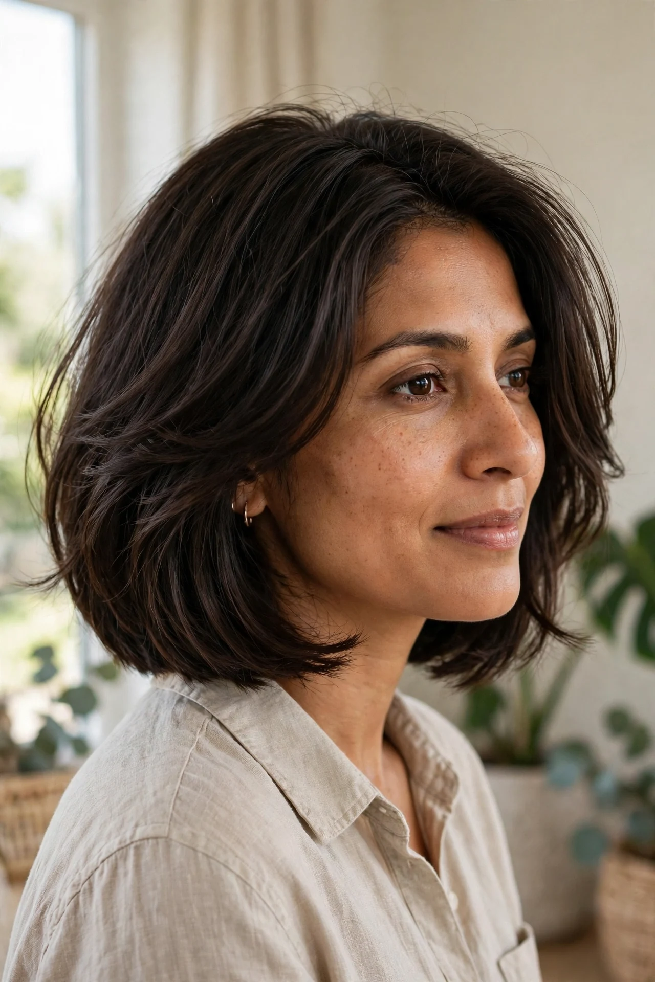 Thick hair midi haircut with interior layers and full perimeter