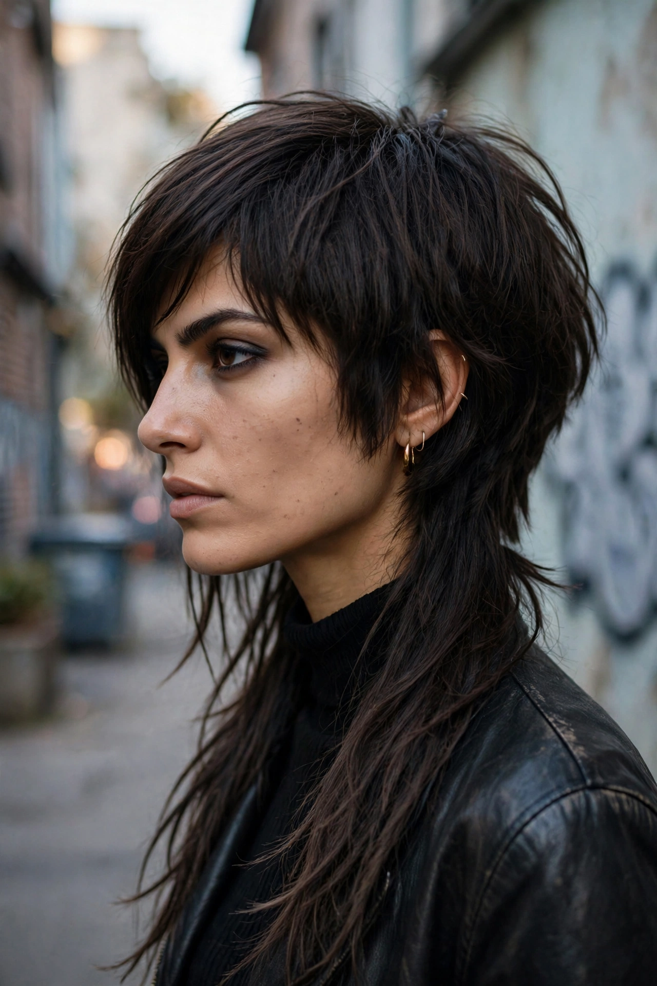 Edgy asymmetrical shaggy layered bob with one longer side and razored ends, street style side view