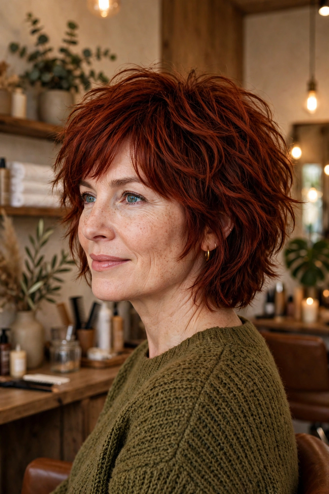 Rich auburn shaggy layered bob with choppy texture and copper tones, three-quarter salon view