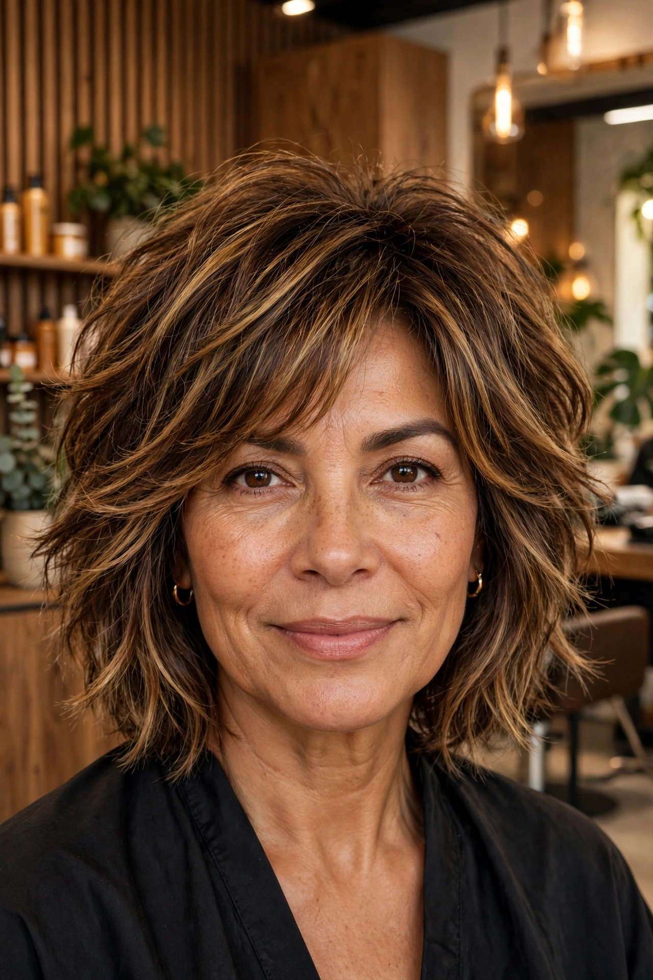 Shaggy layered bob with dimensional honey balayage on dark brown hair, front salon view