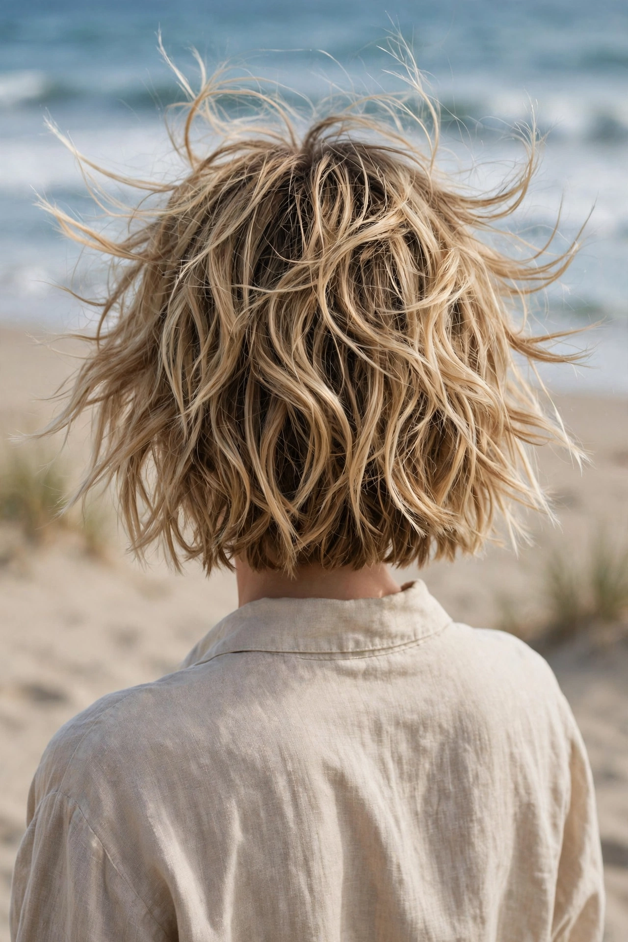 Beachy wavy shaggy layered bob with sun-kissed balayage seen from the back on a beach