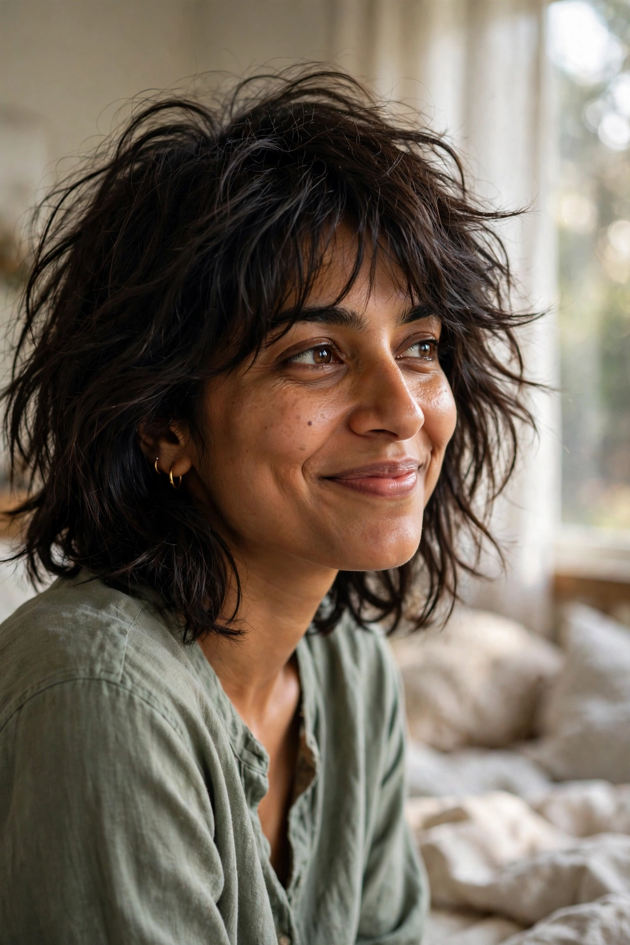 Messy bedhead shaggy layered bob with tousled piece-y texture in soft morning light