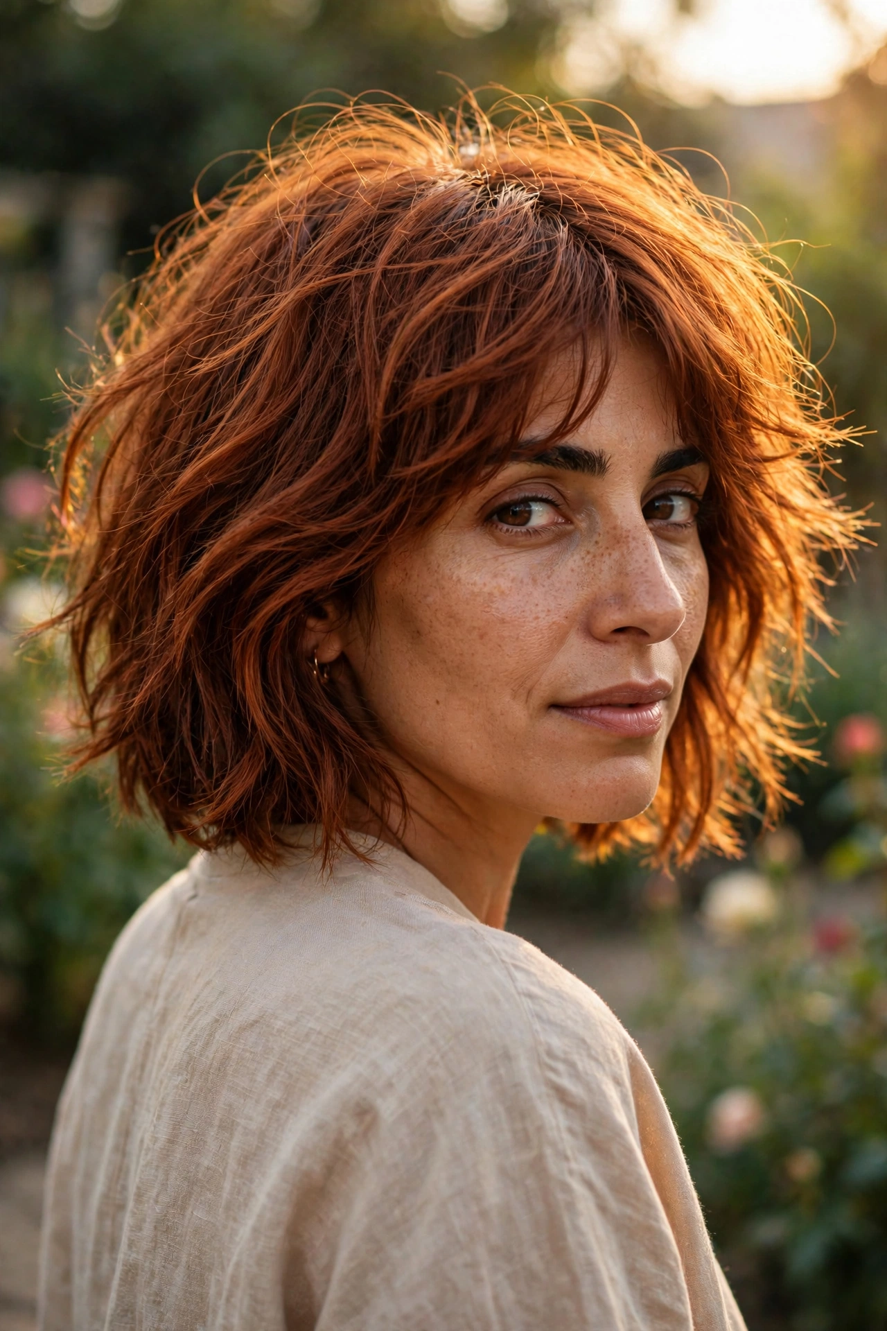 Lived-in copper shaggy layered bob with tousled texture glowing in golden daylight, over-shoulder view