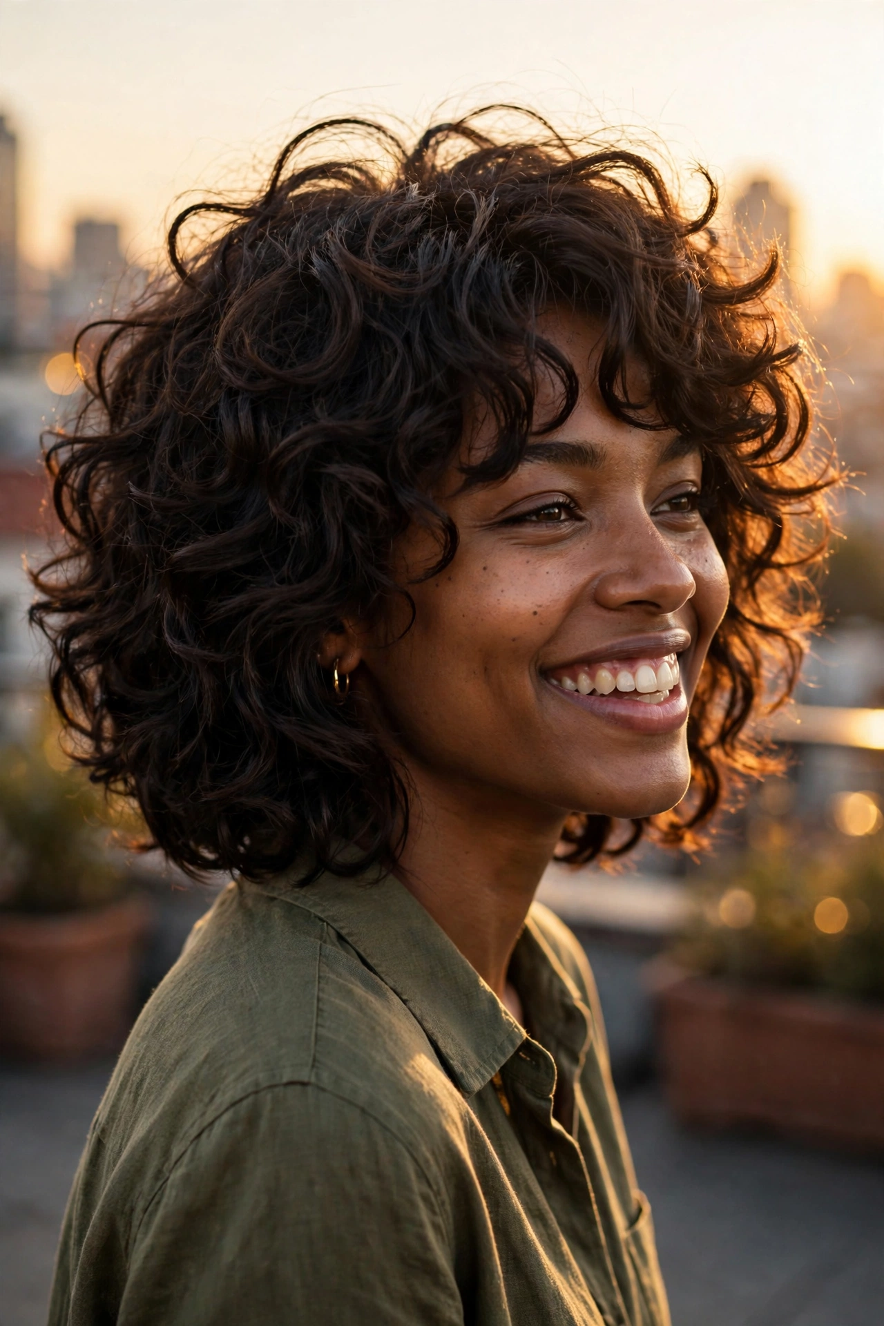 Curly shaggy layered bob with voluminous defined ringlets in golden hour light, three-quarter view