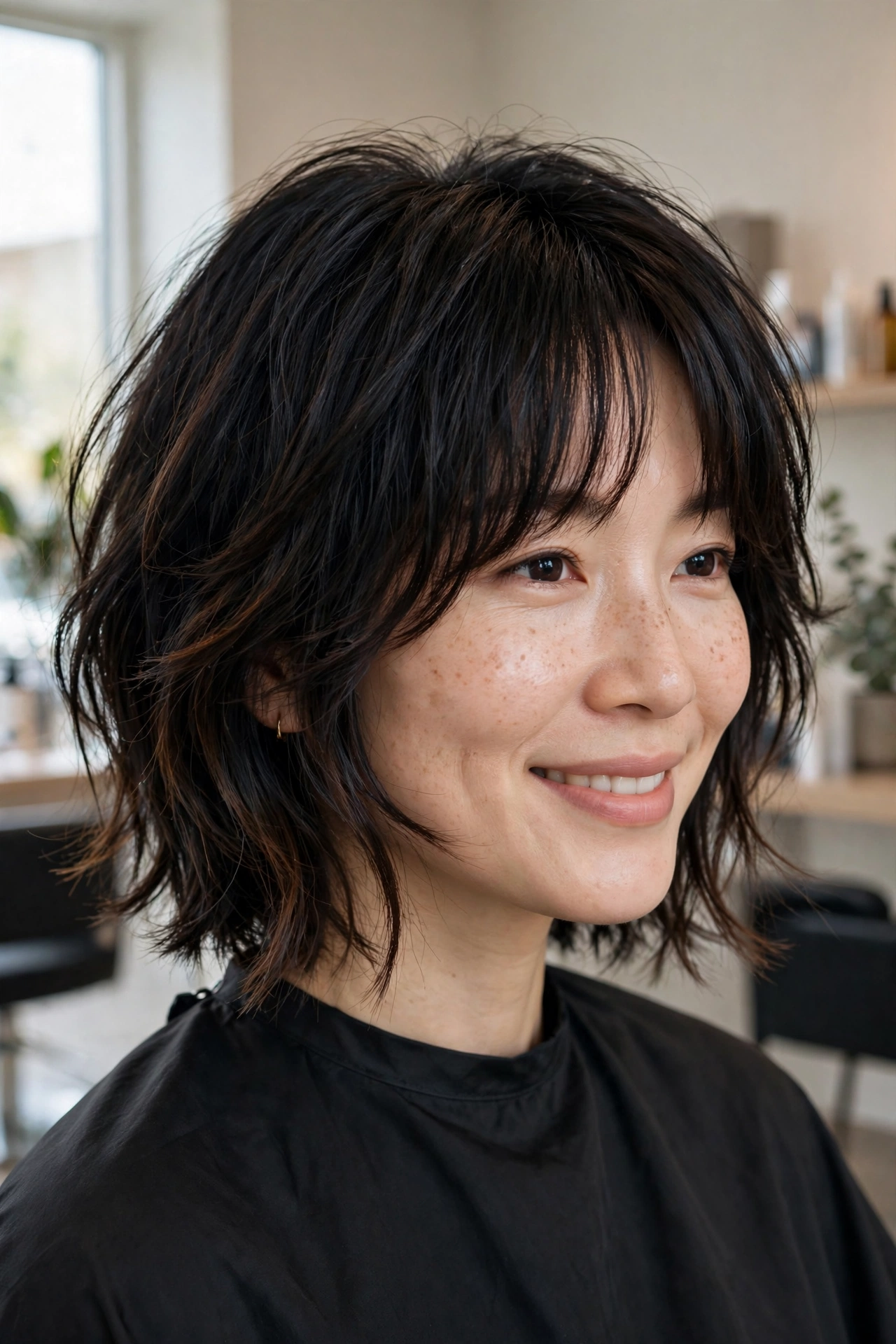 Shaggy layered bob with soft curtain bangs on dark hair, front view in a salon