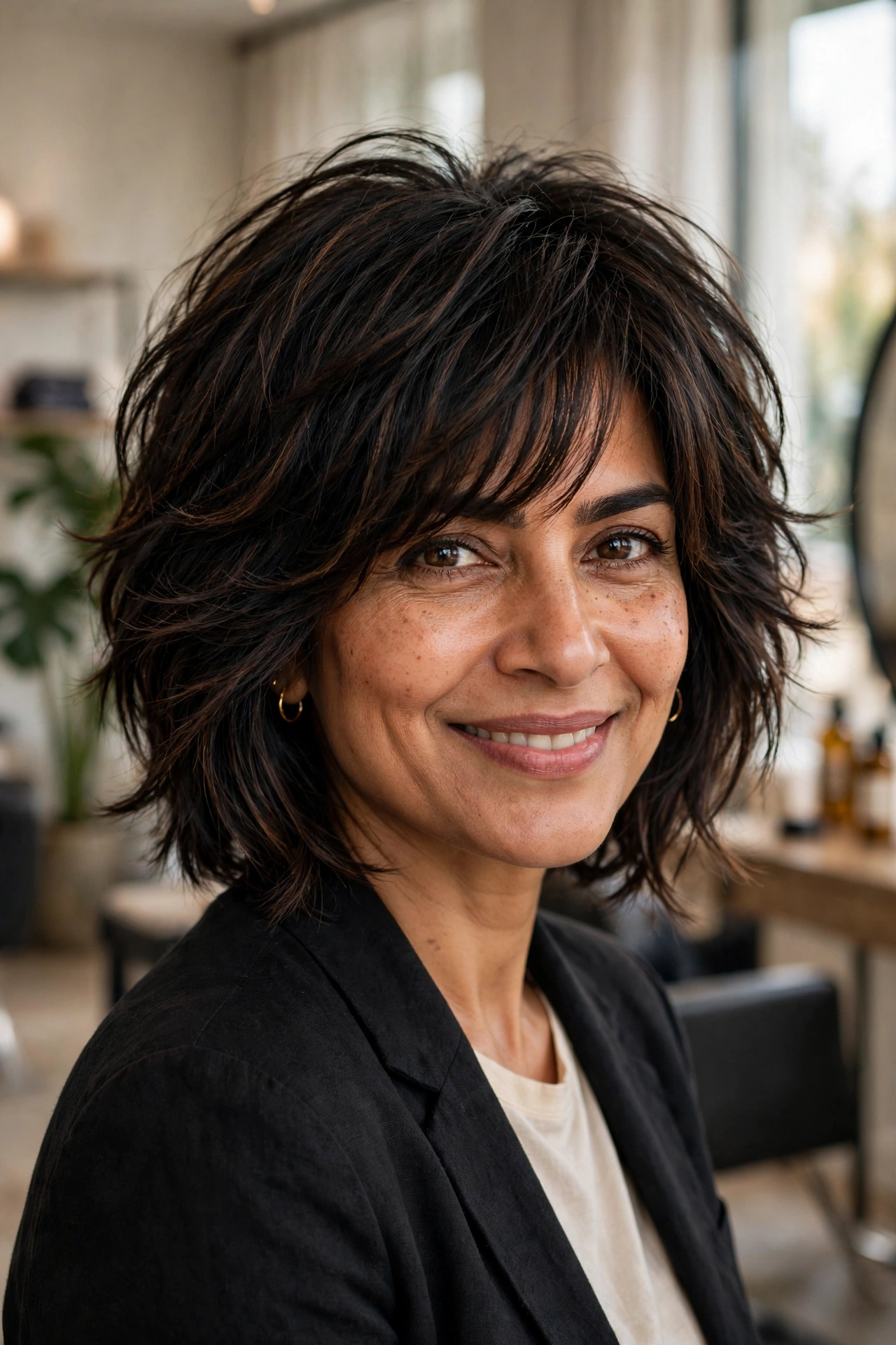 Shaggy layered bob with long face-framing layers around the cheekbones on glossy black hair