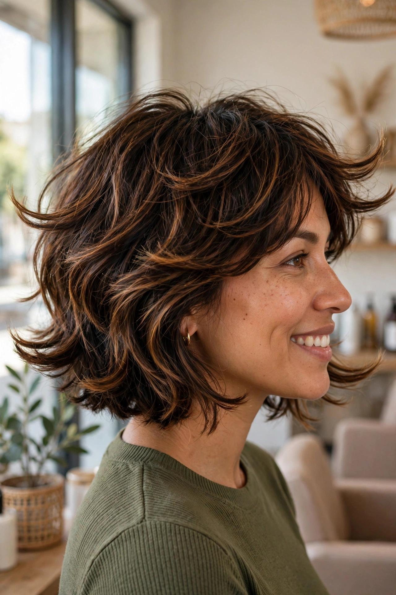 Shaggy layered bob with bouncy flippy kicked-out ends and warm highlights, side salon view
