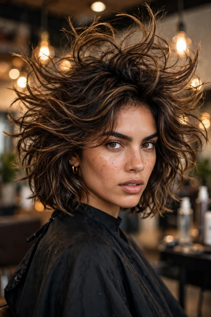 Thick hair shaggy layered bob with wild voluminous texture on a brunette woman in a salon, three-quarter view