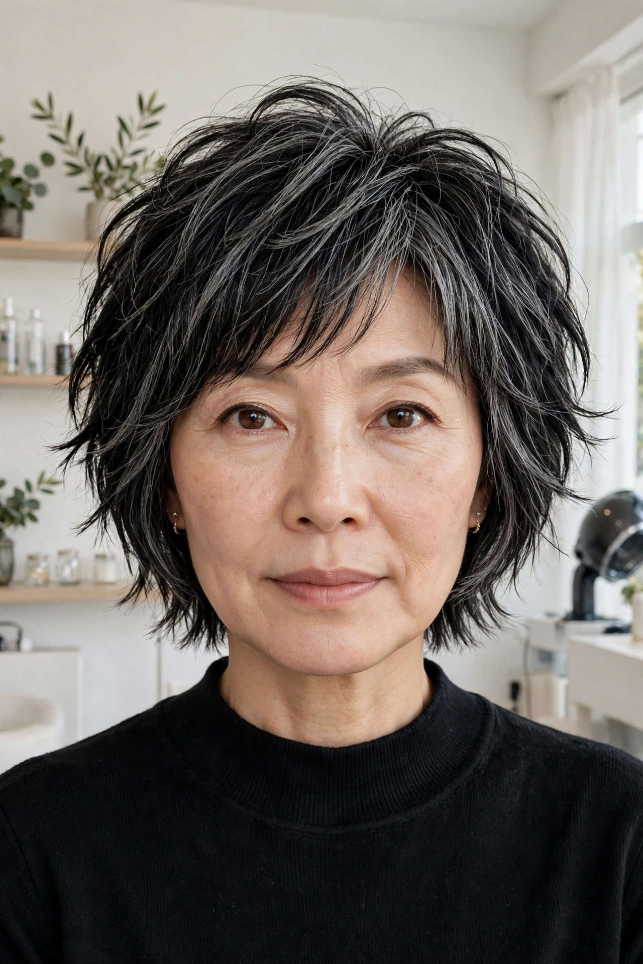 Short micro shaggy layered bob with choppy crown layers and gray streaks, front salon view