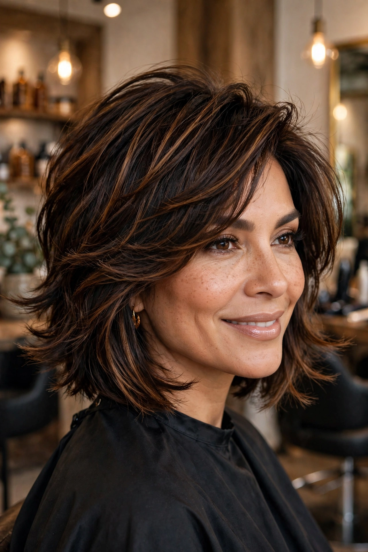 Shaggy layered bob with deep side sweep and caramel babylights, three-quarter salon view