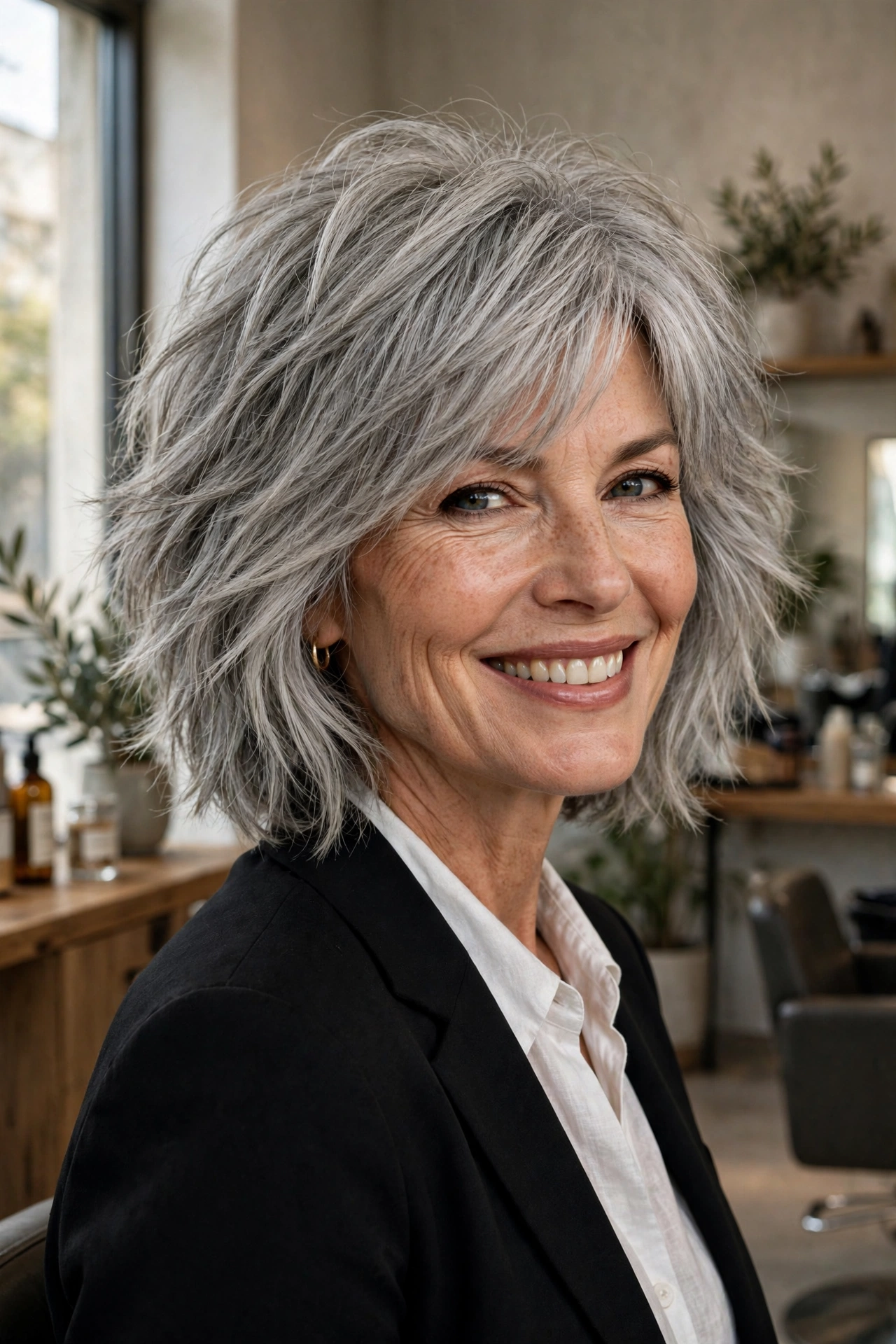 Elegant silver shaggy layered bob with feathery layers on a woman over 50 in a salon