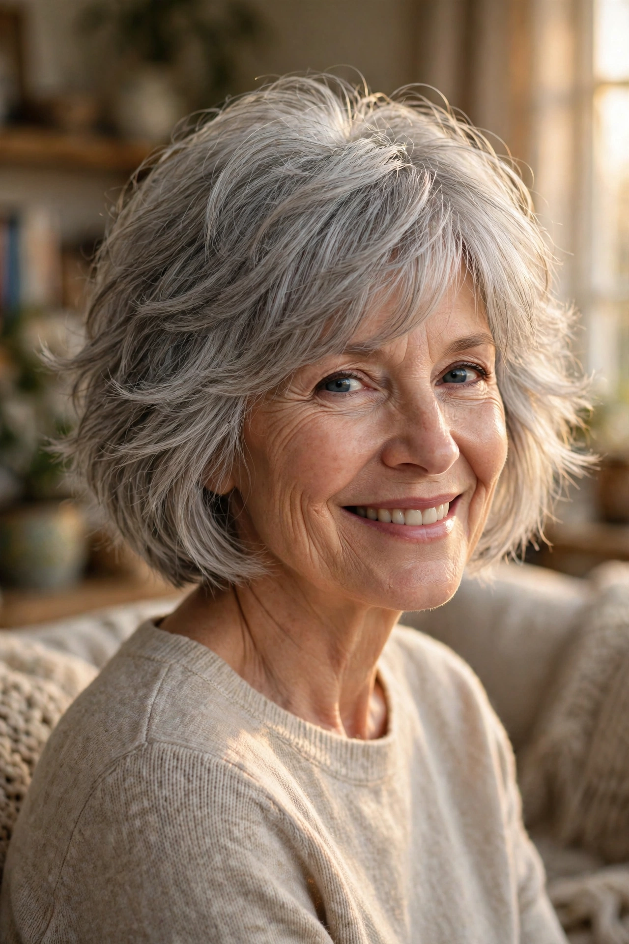 Soft natural gray shaggy layered bob with gentle feathery layers in golden window light