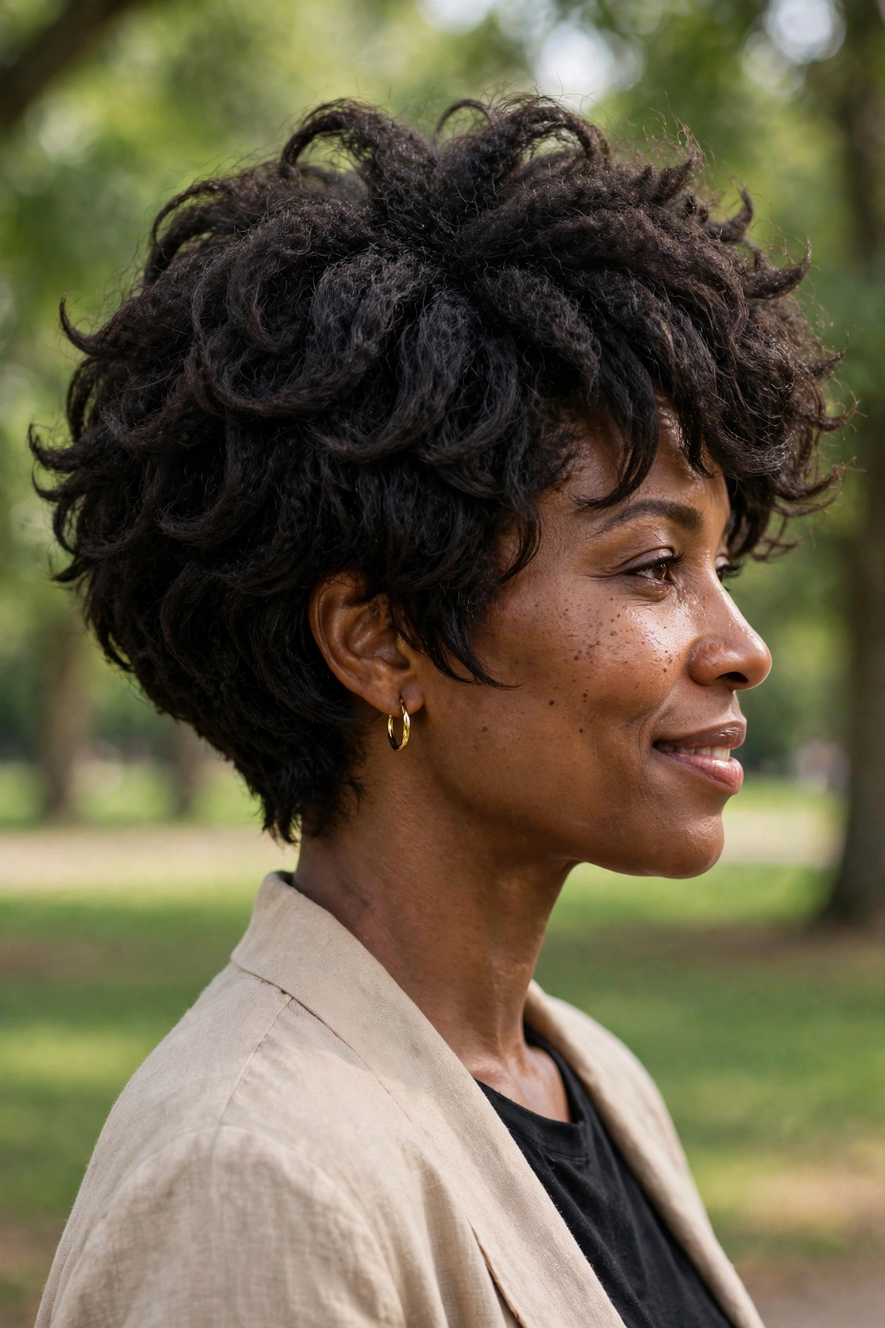 Shaggy layered bob with neatly tapered nape and full layered crown, side view in a park