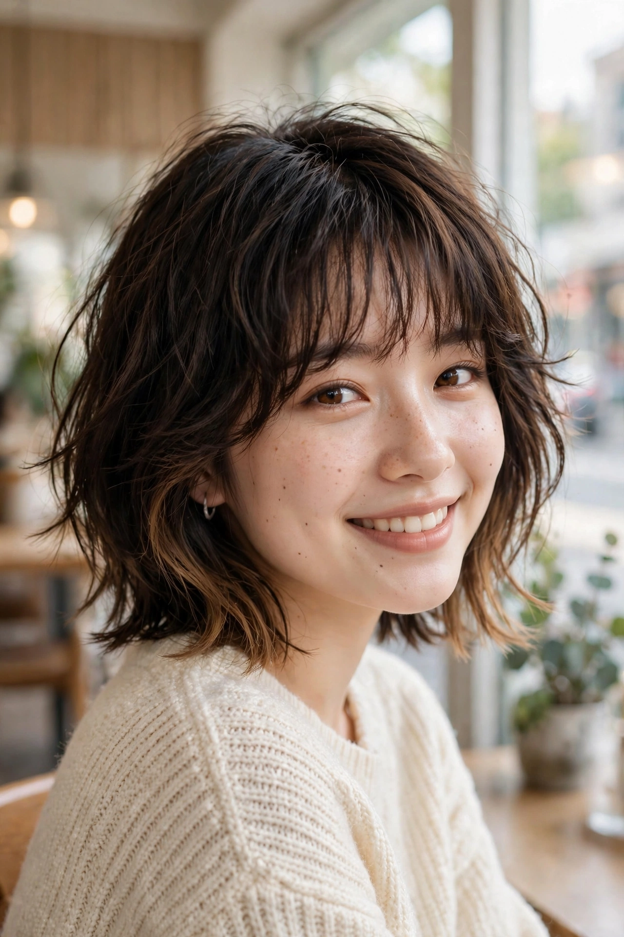 Shaggy layered bob with light wispy fringe on dark brown hair, bright cafe window light