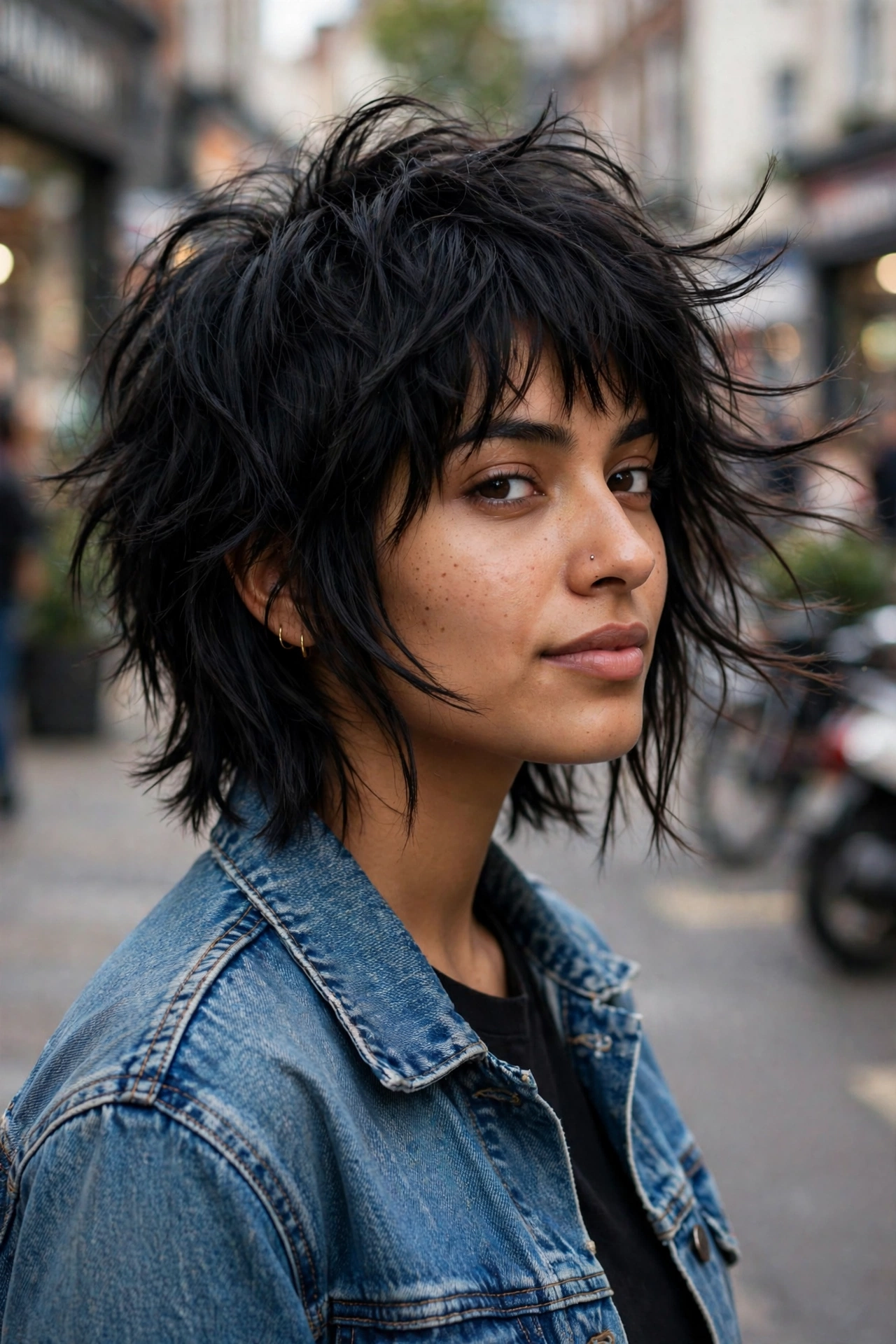 Edgy wolf-cut bob hybrid shaggy layered bob on thick black hair, street style three-quarter view