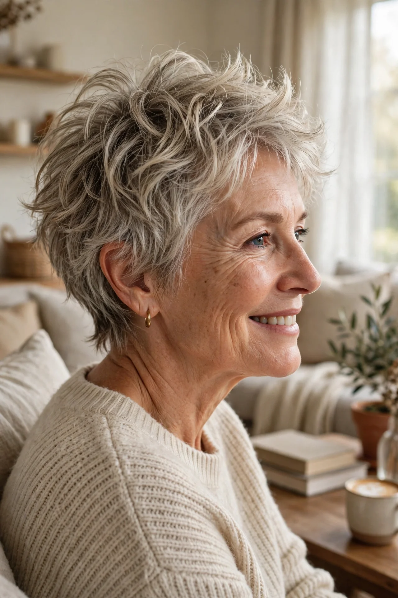 Woman in her 50s with a tousled ash-blonde bixie