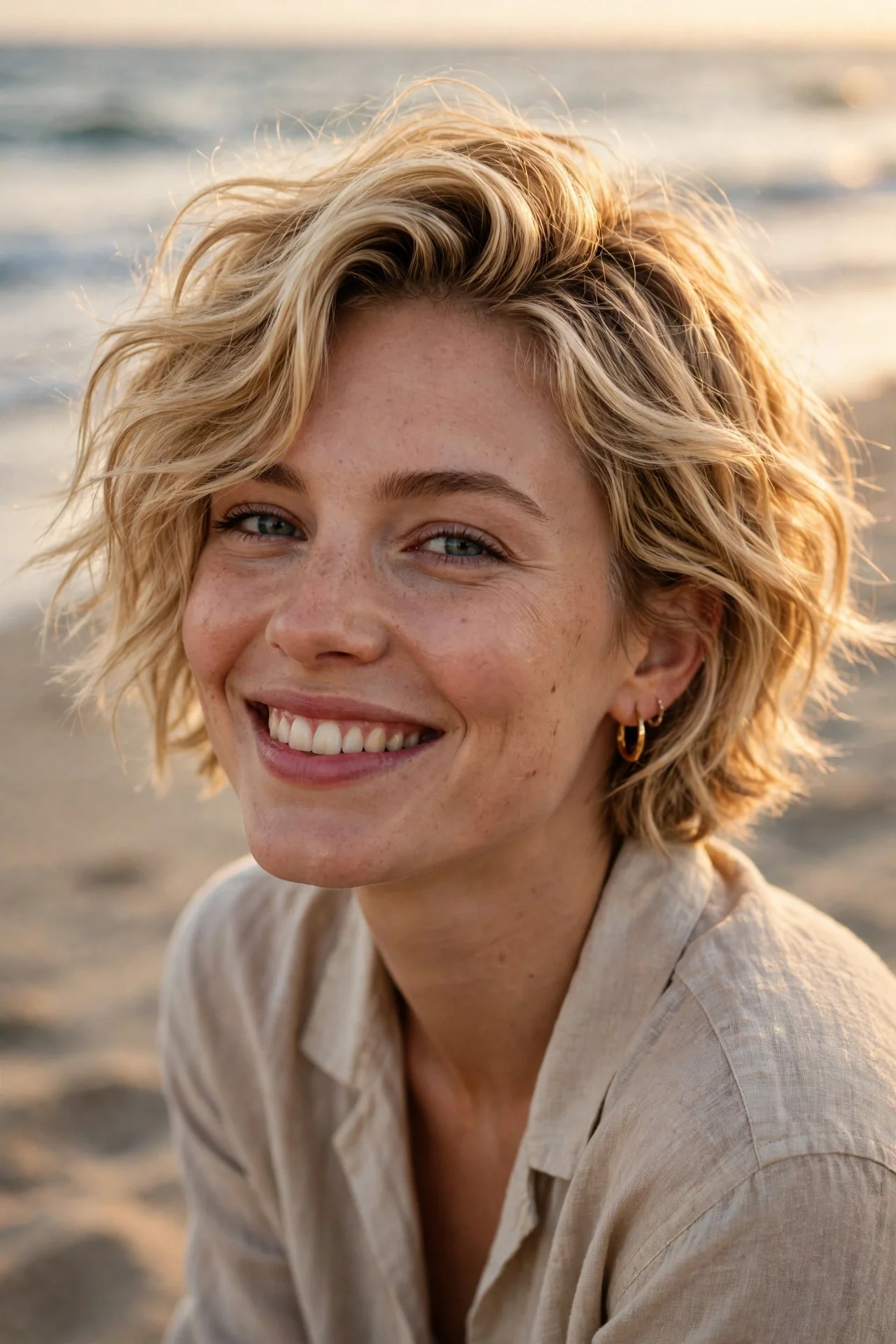 Tousled beach wave bixie cut on a blonde woman at golden hour