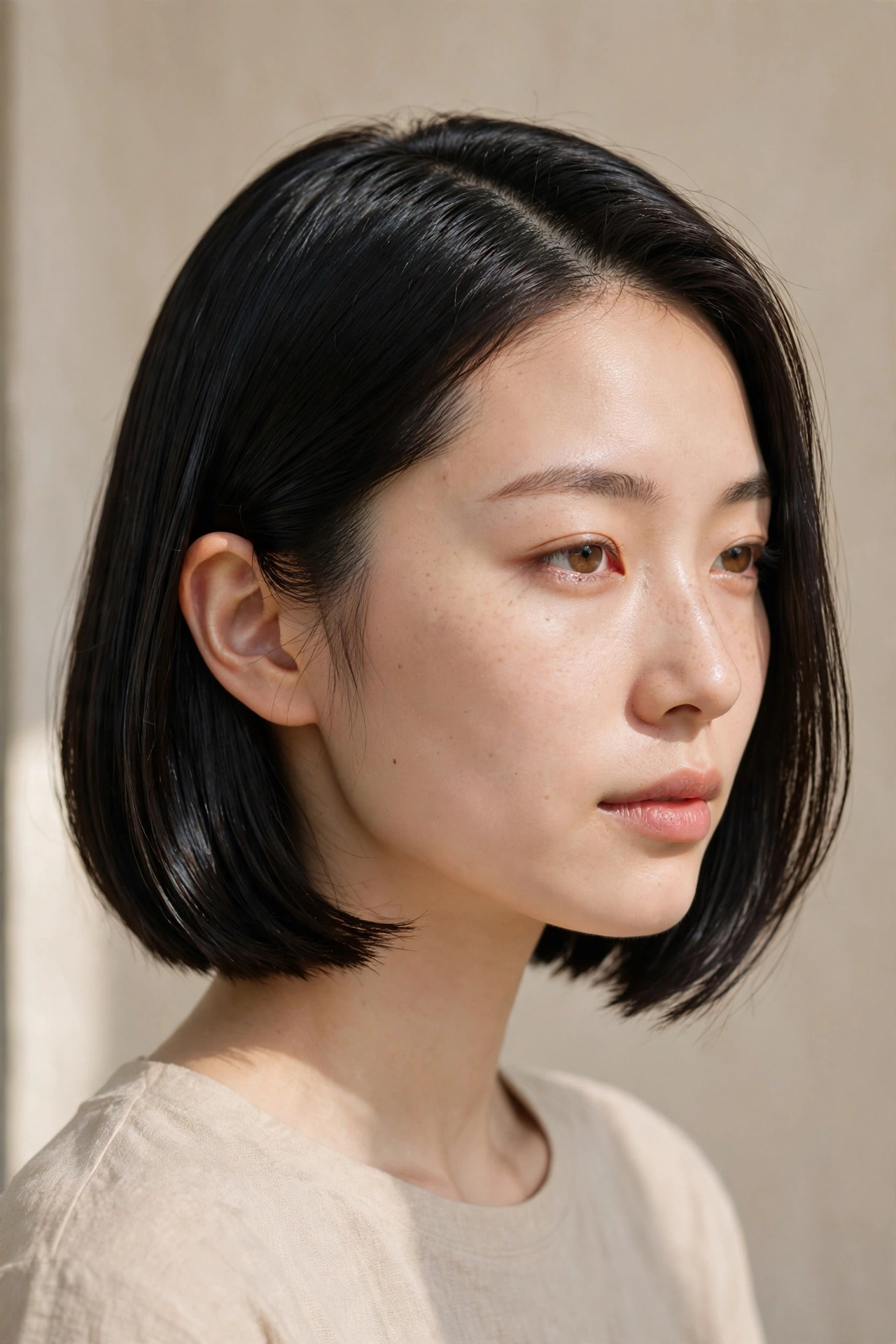 Chin-length bob on straight black hair tucked behind the ear, side part