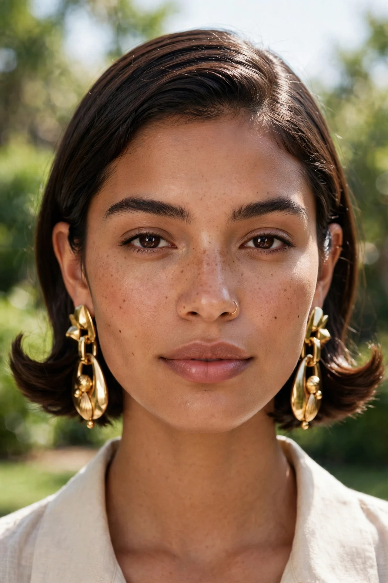 Italian cut tucked behind the ears on a Latina woman in her 20s