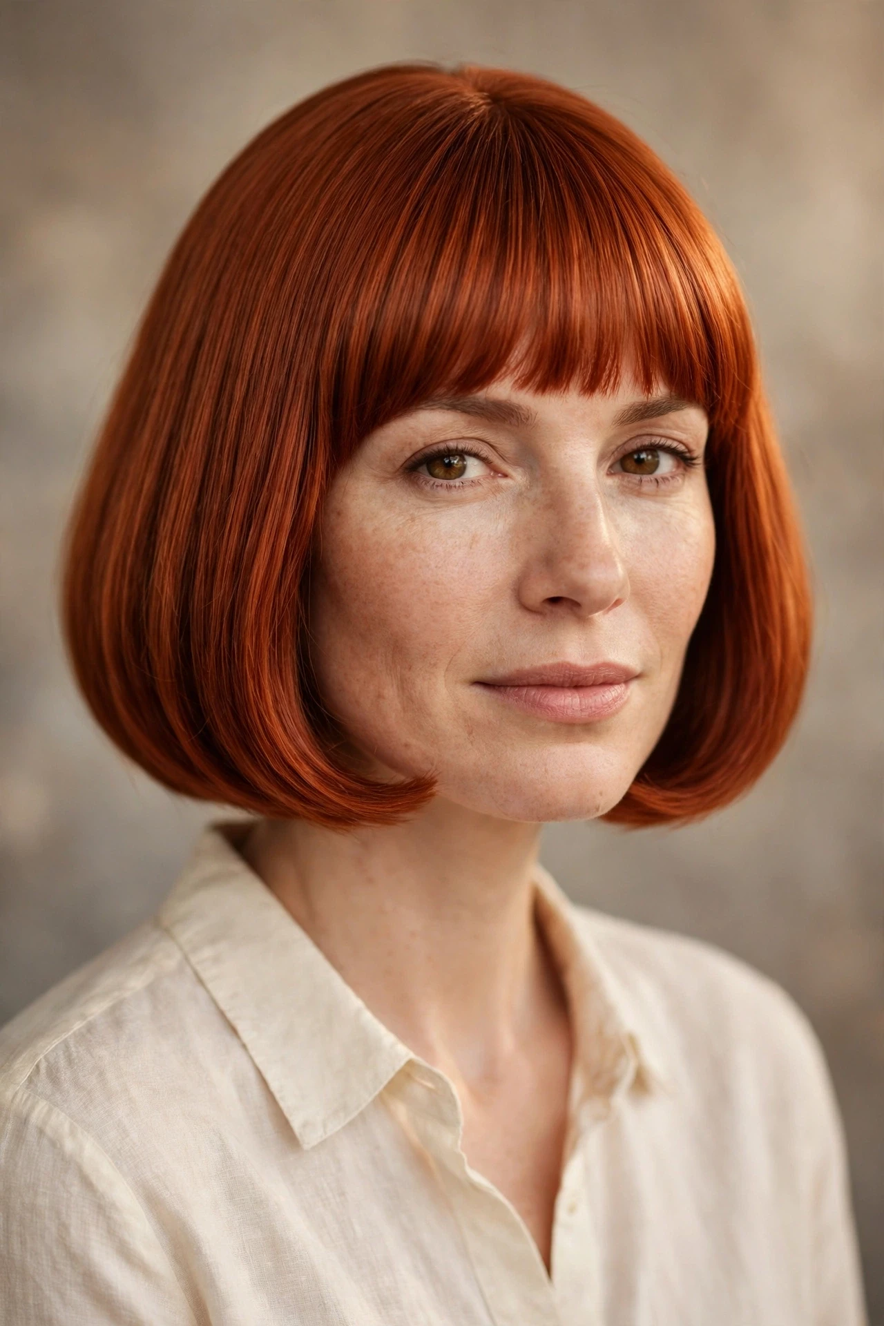 Dutch bob haircut with a straight fringe and rounded shape