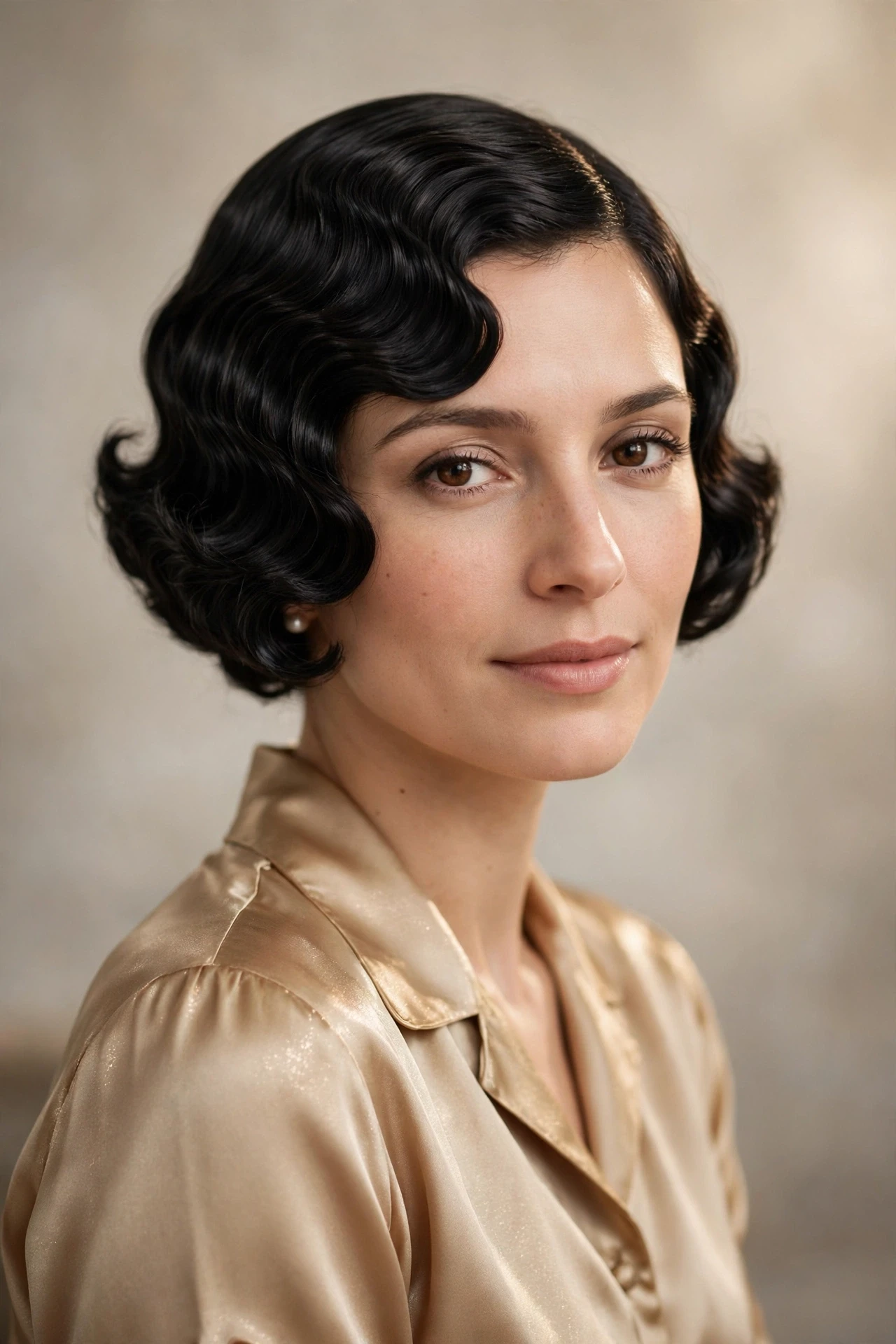 Classic finger-wave 1920s bob with sculpted glossy waves