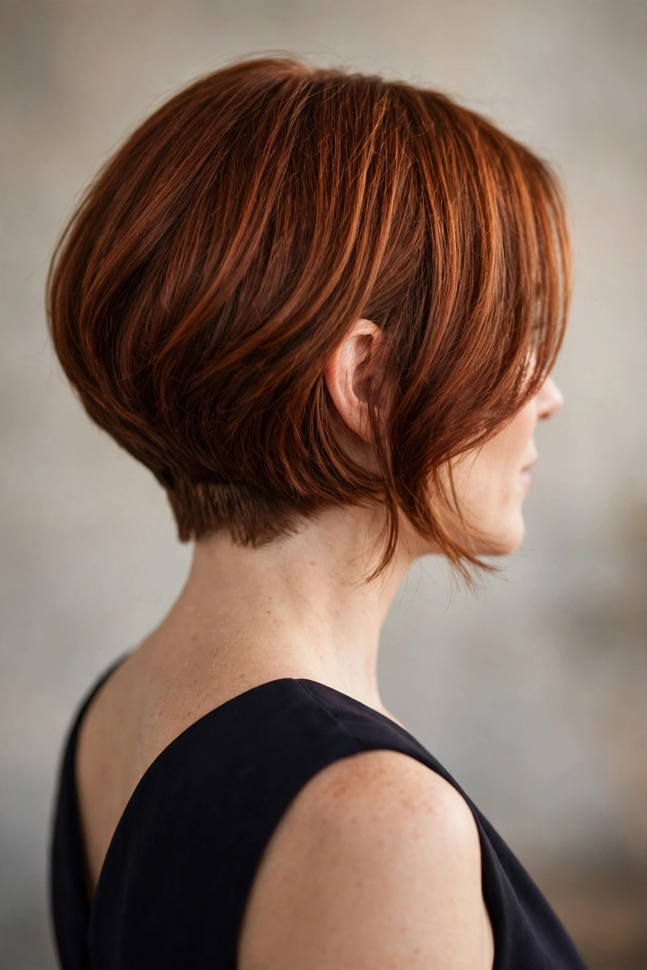 Shingle bob haircut with a tapered nape and longer front pieces