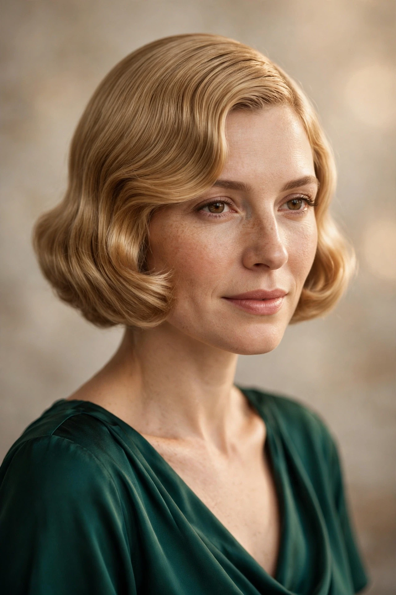 1920s bob styled with a deep side part
