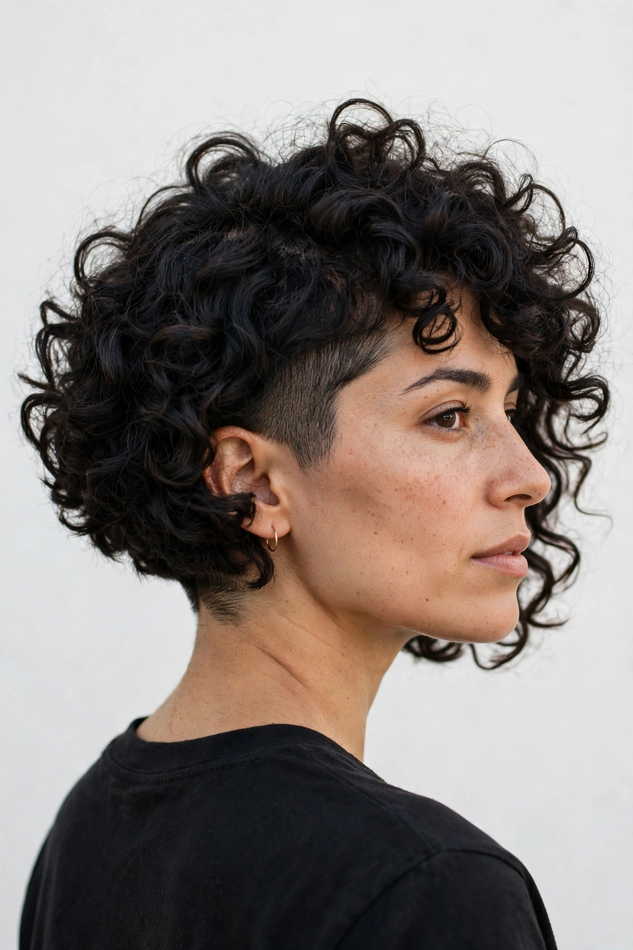 Curly undercut bob with defined curls on top and a cropped undercut