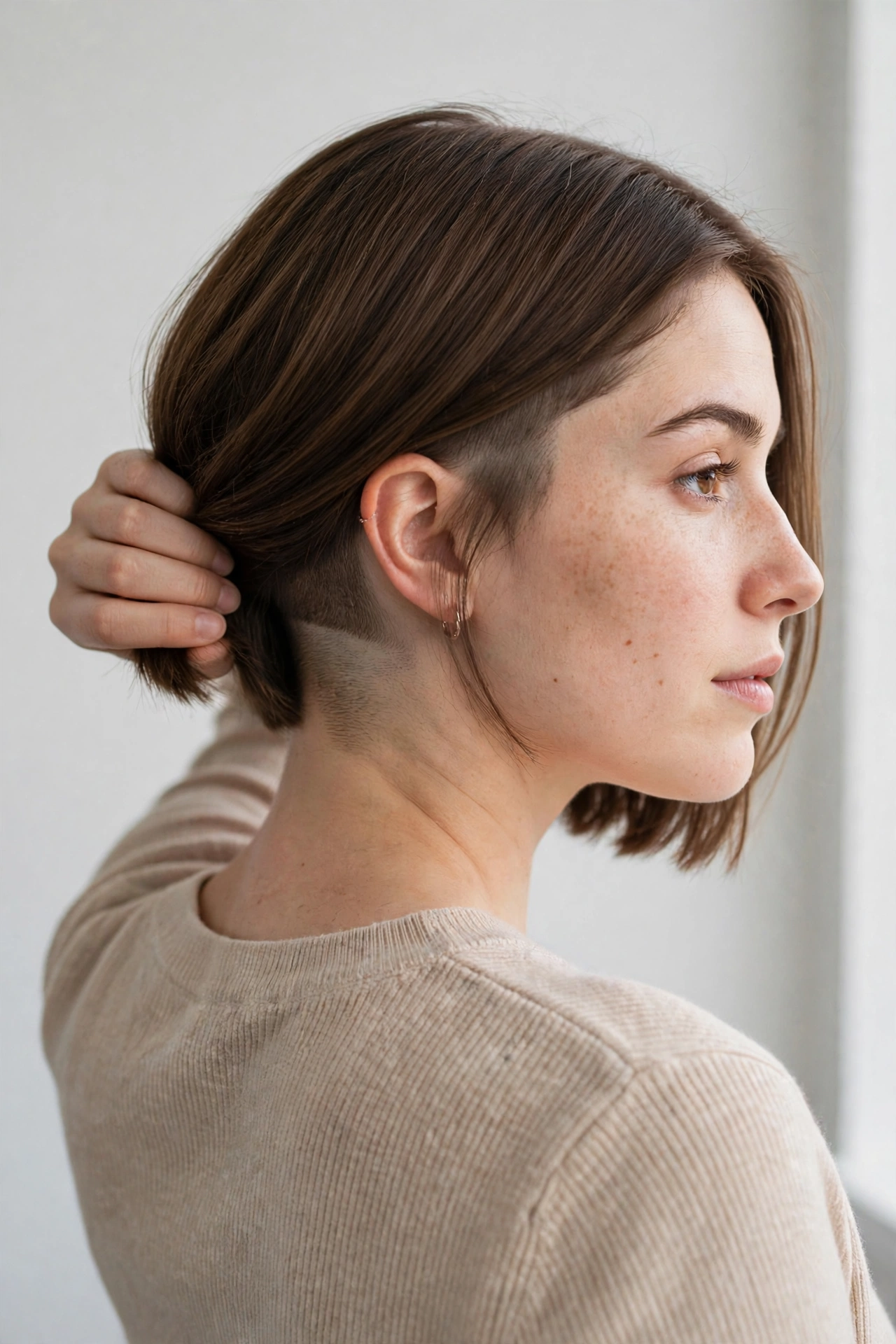 Undercut bob haircut with a hidden shaved nape undercut revealed by lifting the top layer