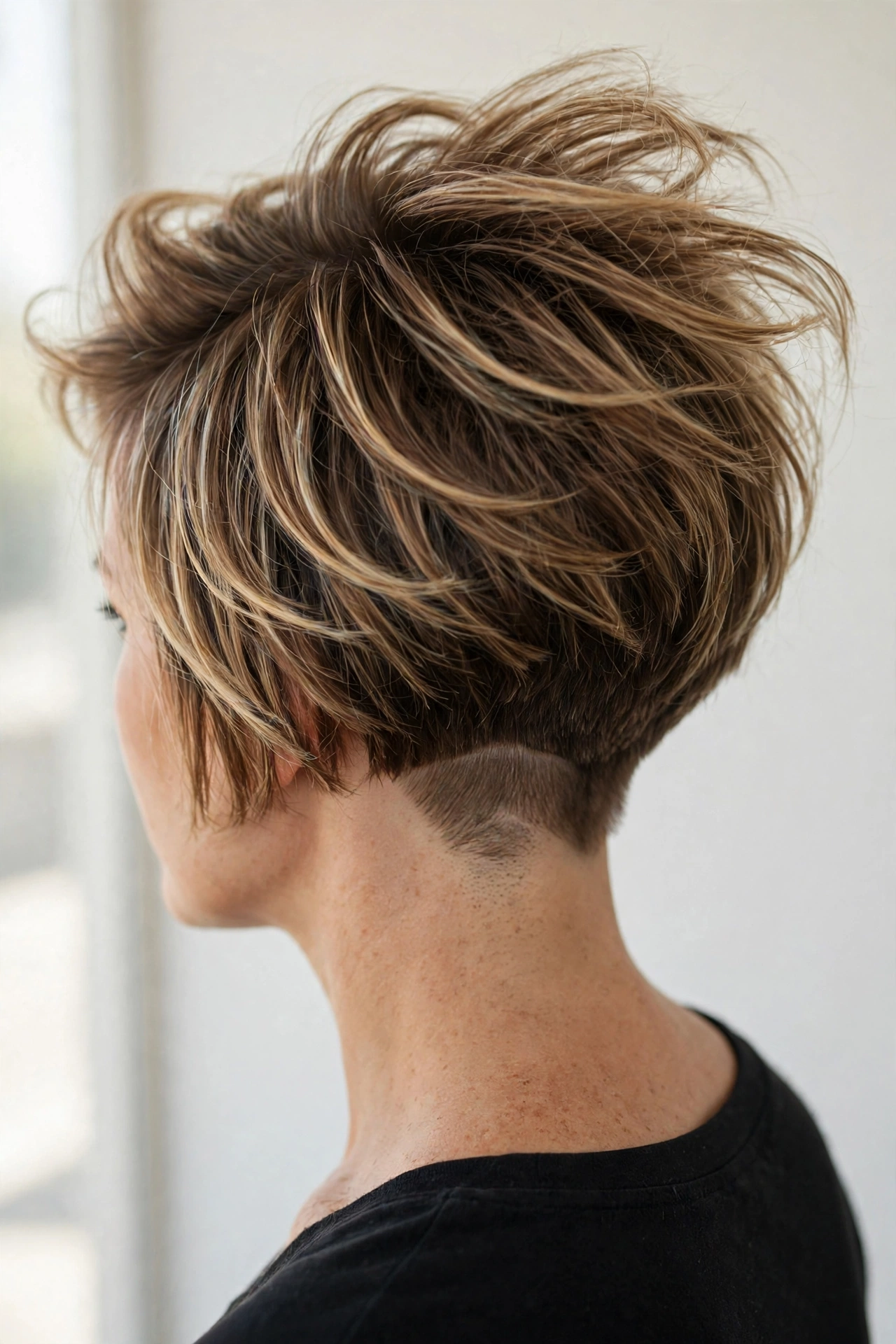 Undercut bob with long highlighted layers on top and a cropped nape undercut