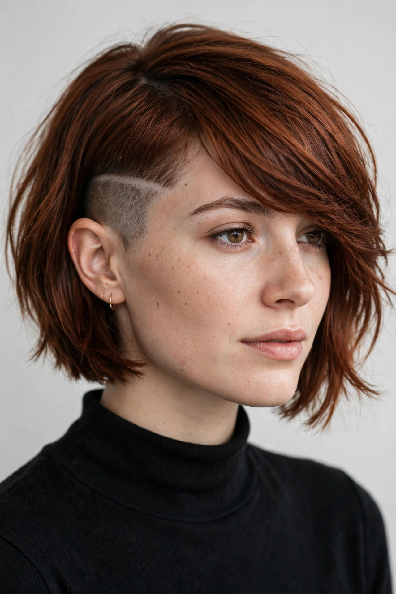 Side swept undercut bob with a long sweep and a shaved side undercut