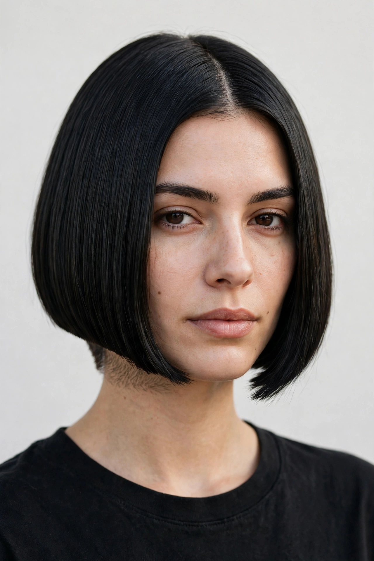 Sleek blunt undercut bob with a sharp glossy hemline