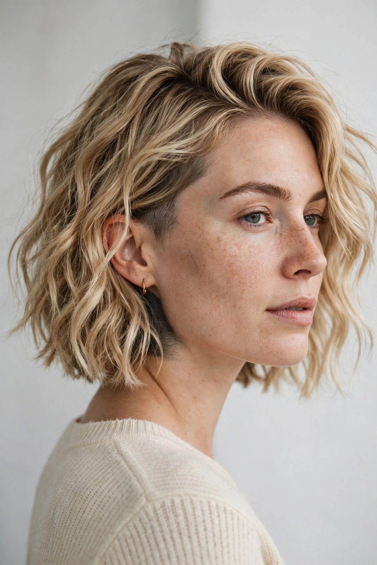 Wavy textured undercut bob with tousled blonde waves and a nape undercut