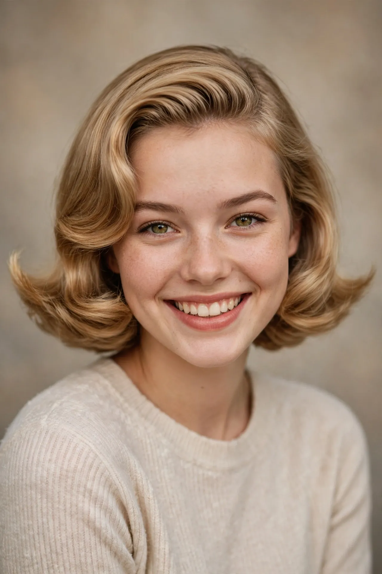 1950s bob with flipped out ends, honey blonde hair