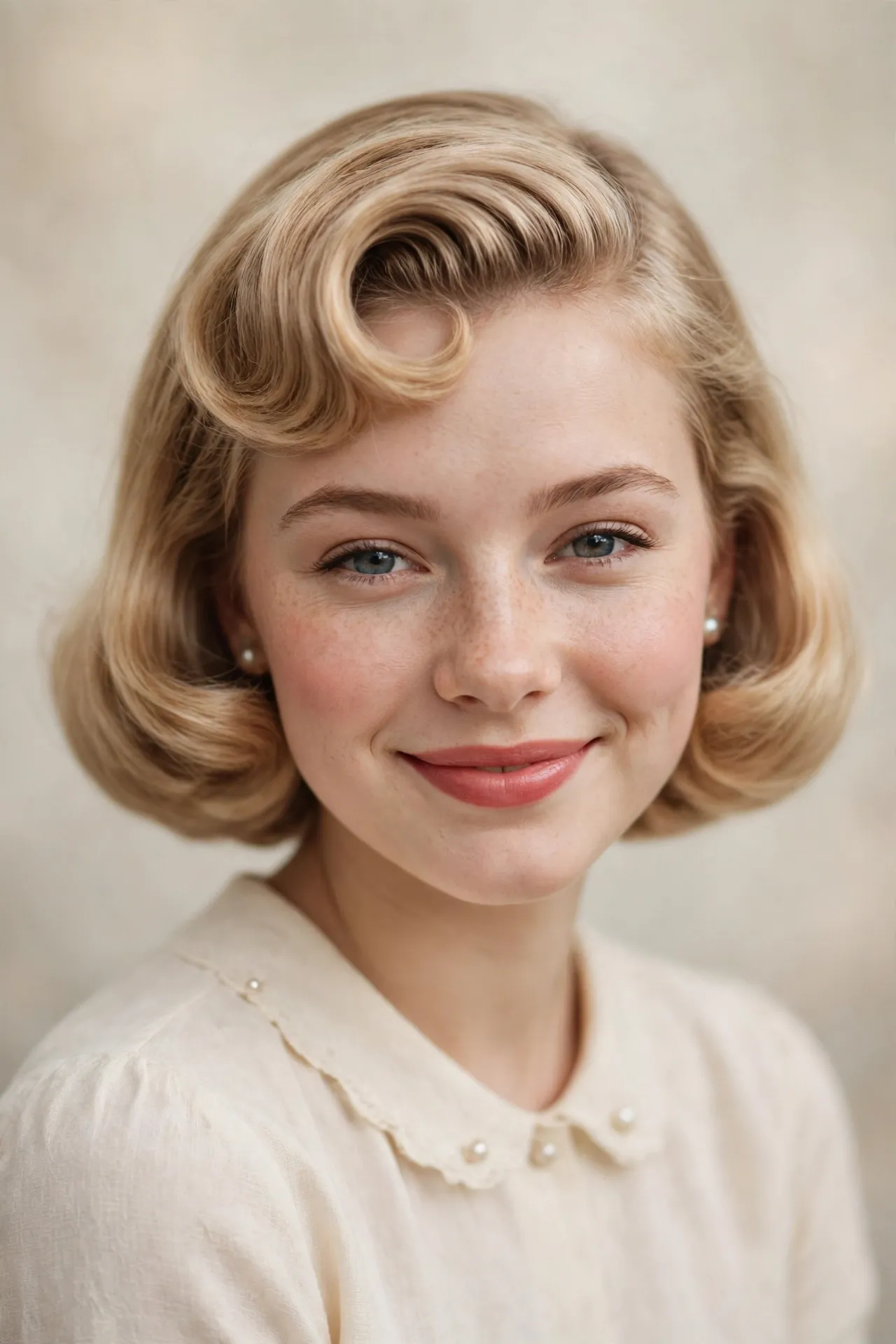 1950s bob with front roll bangs, blonde retro style