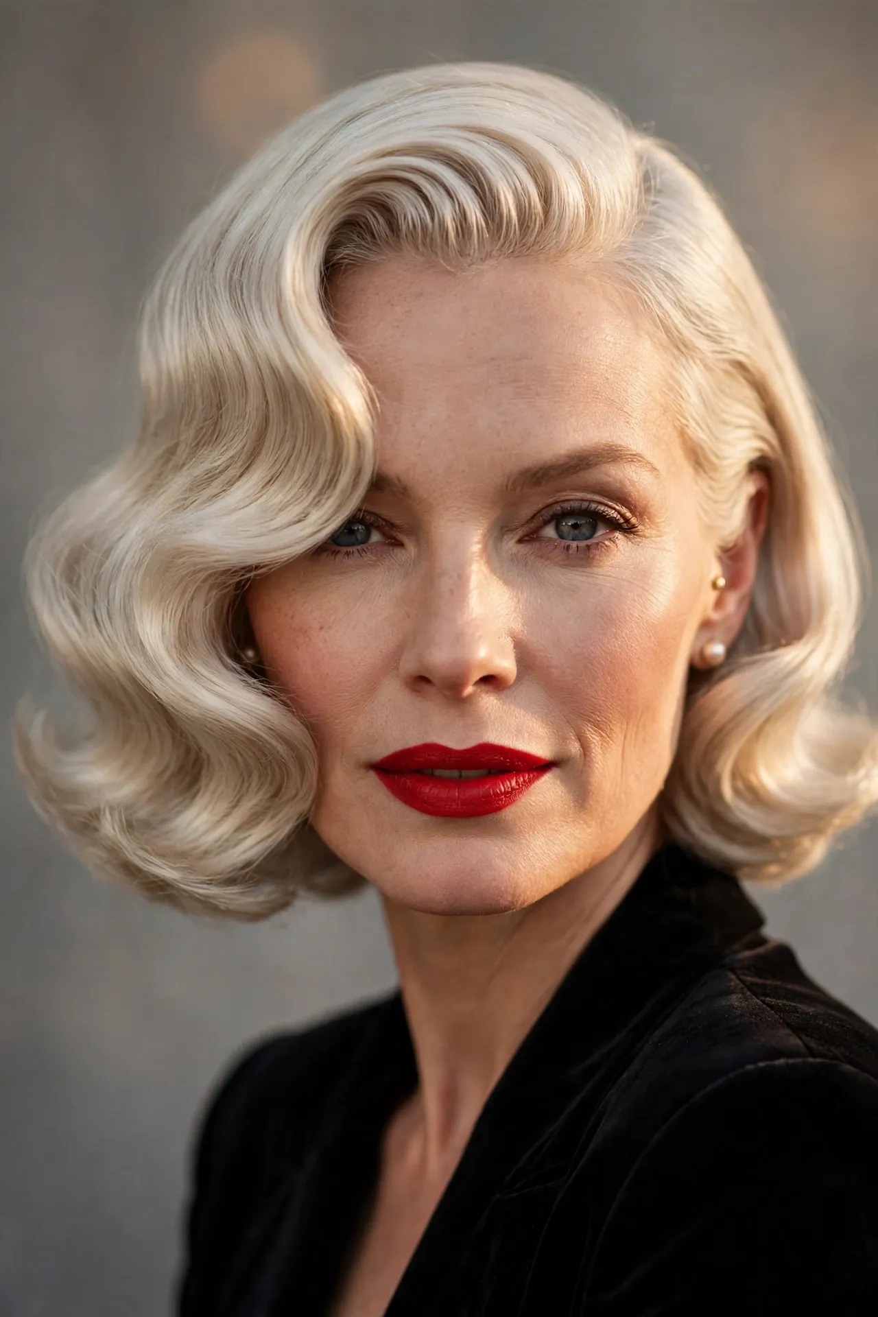 Old Hollywood waves bob, platinum blonde vintage glamour