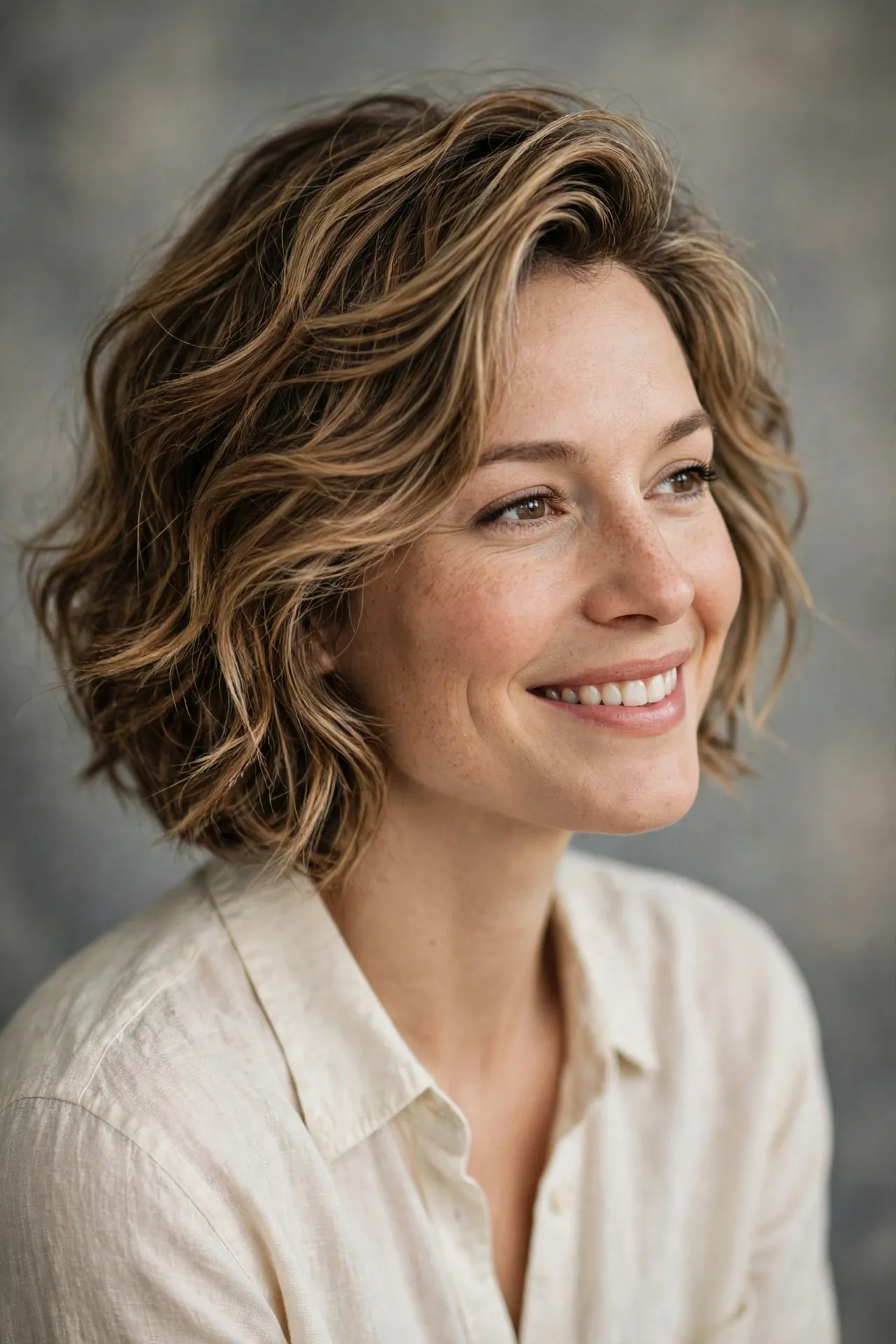 Tousled modern take on a 1950s bob, light brown balayage
