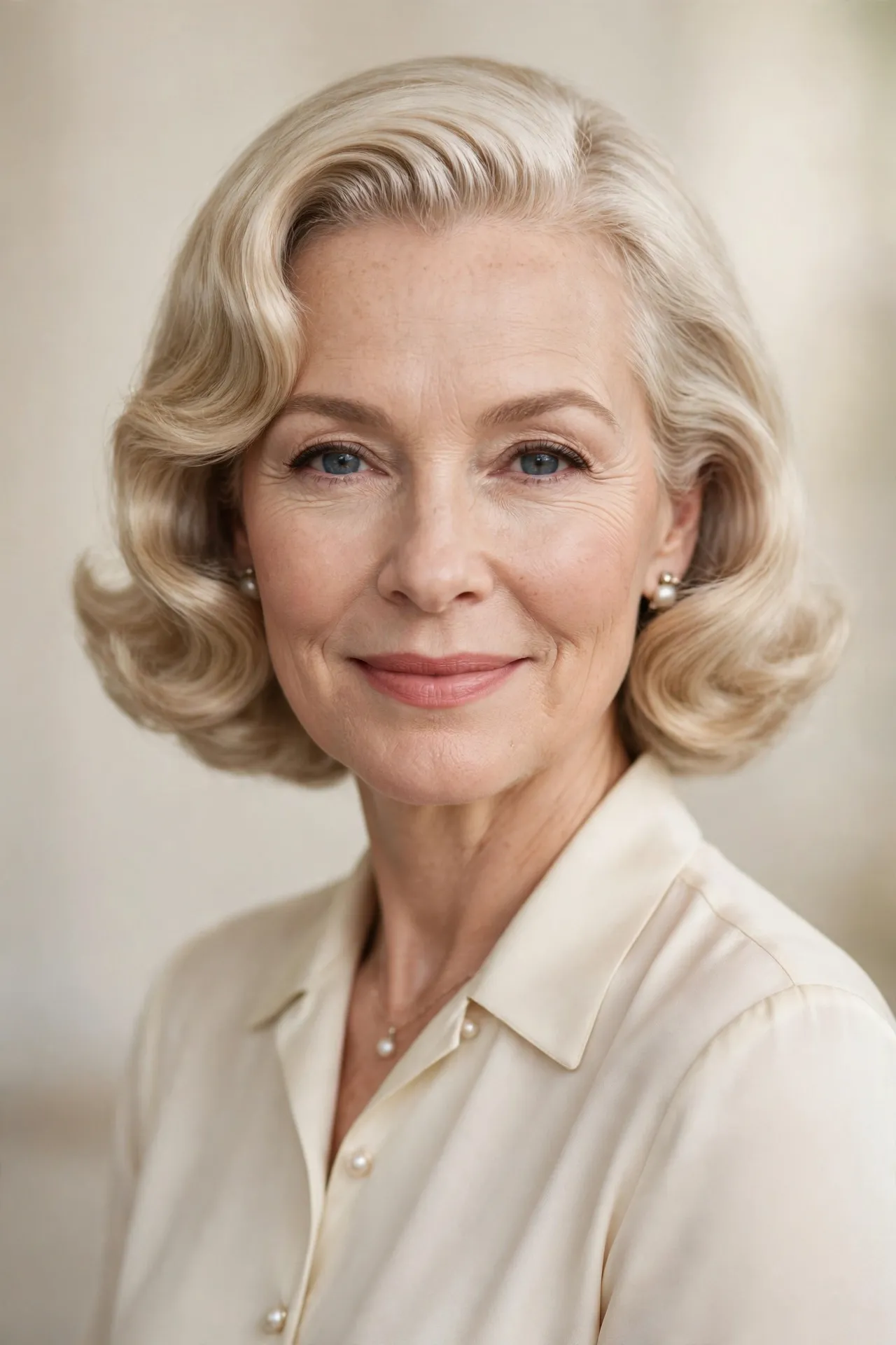 Pearl blonde 1950s bob with soft waves