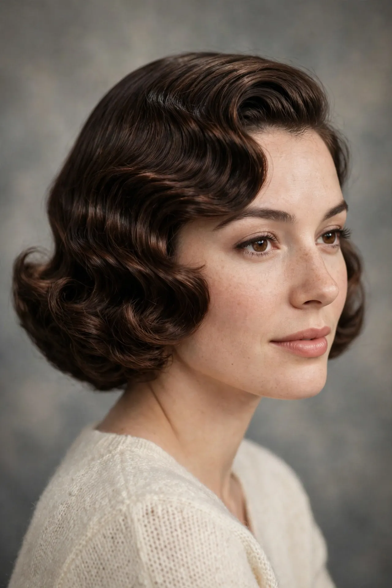 1950s pin curl wave bob, dark brown sculpted waves