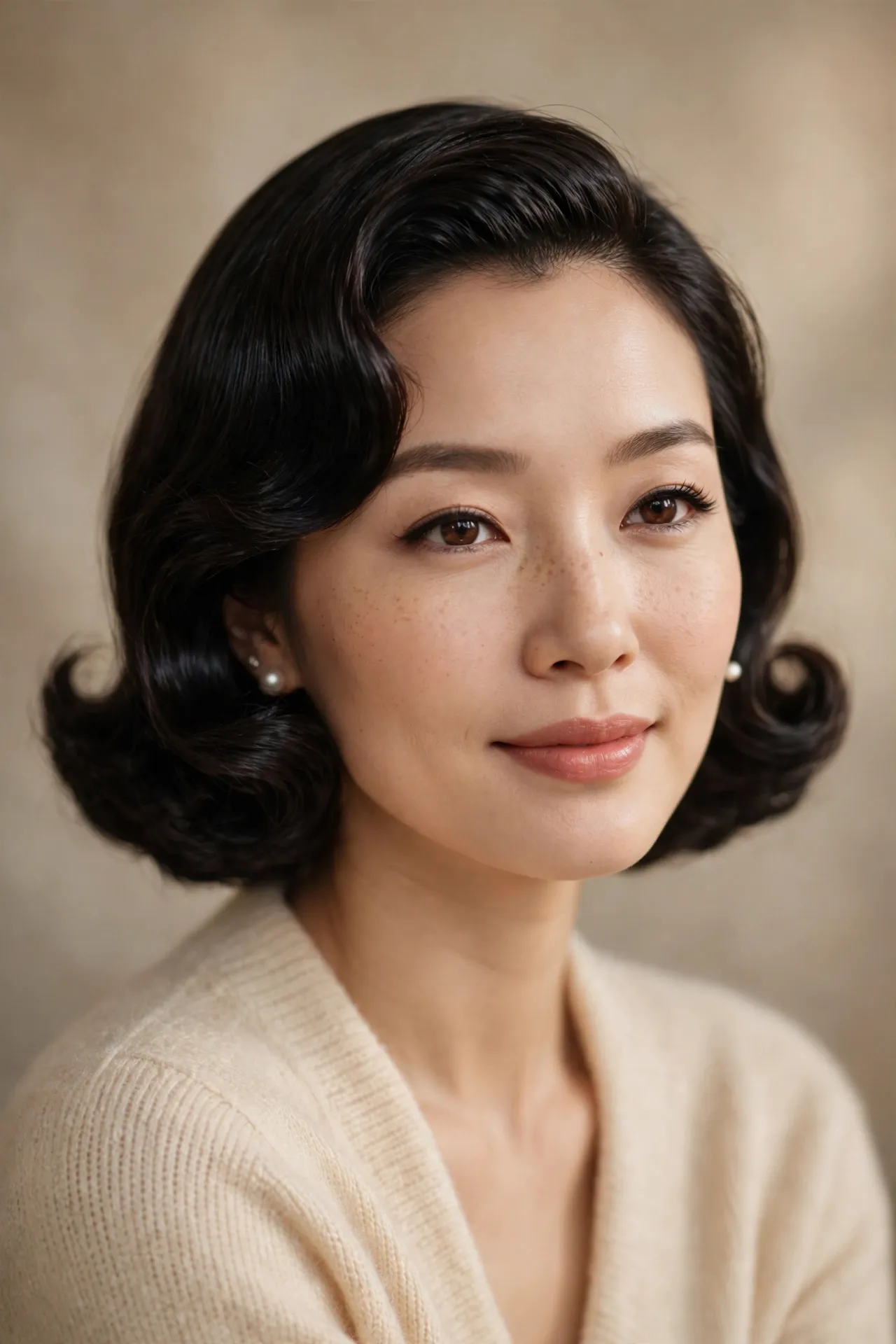 Polished 1950s pageboy bob hairstyle with glossy under curl, black hair
