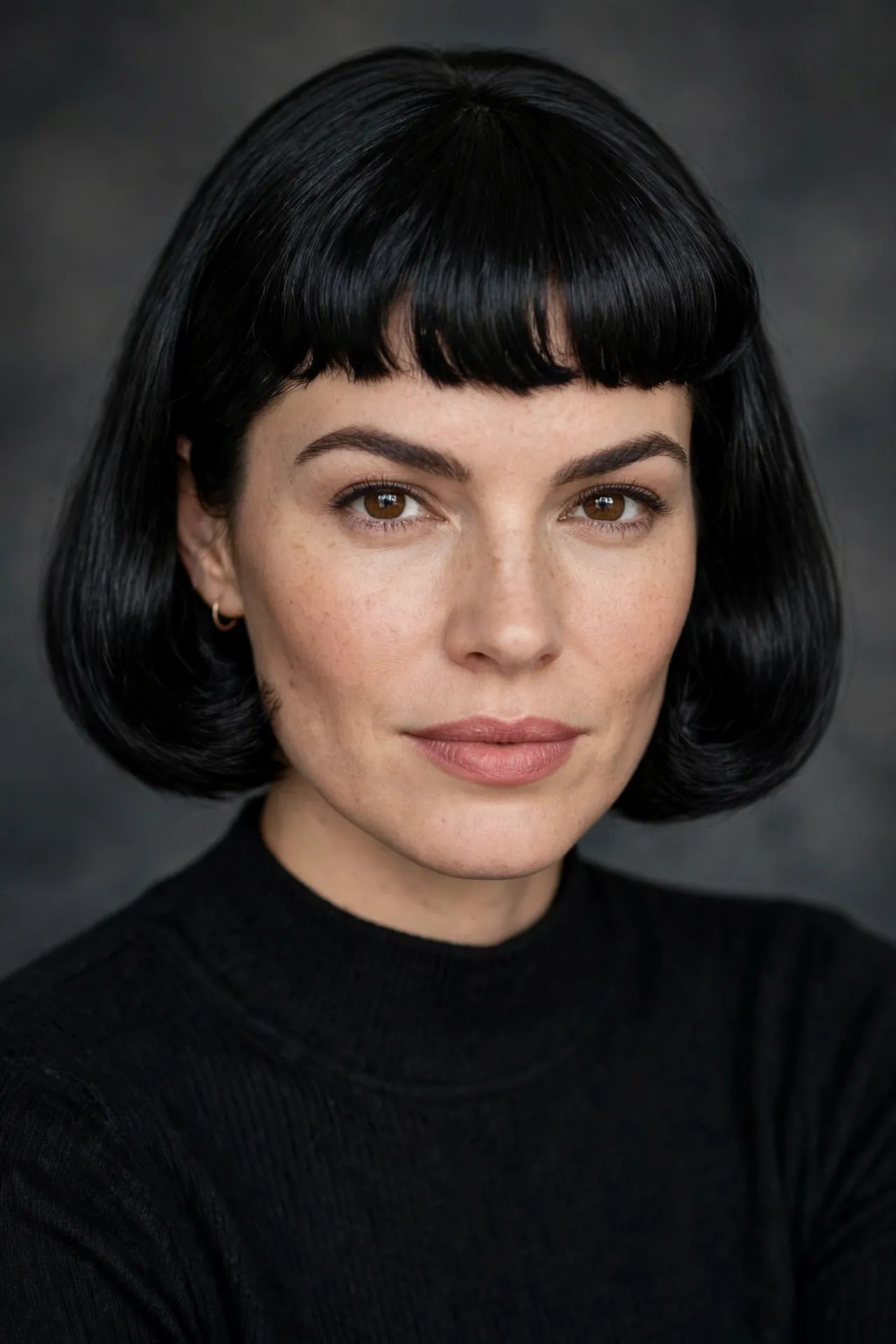 1950s bob with straight retro bangs, jet black hair