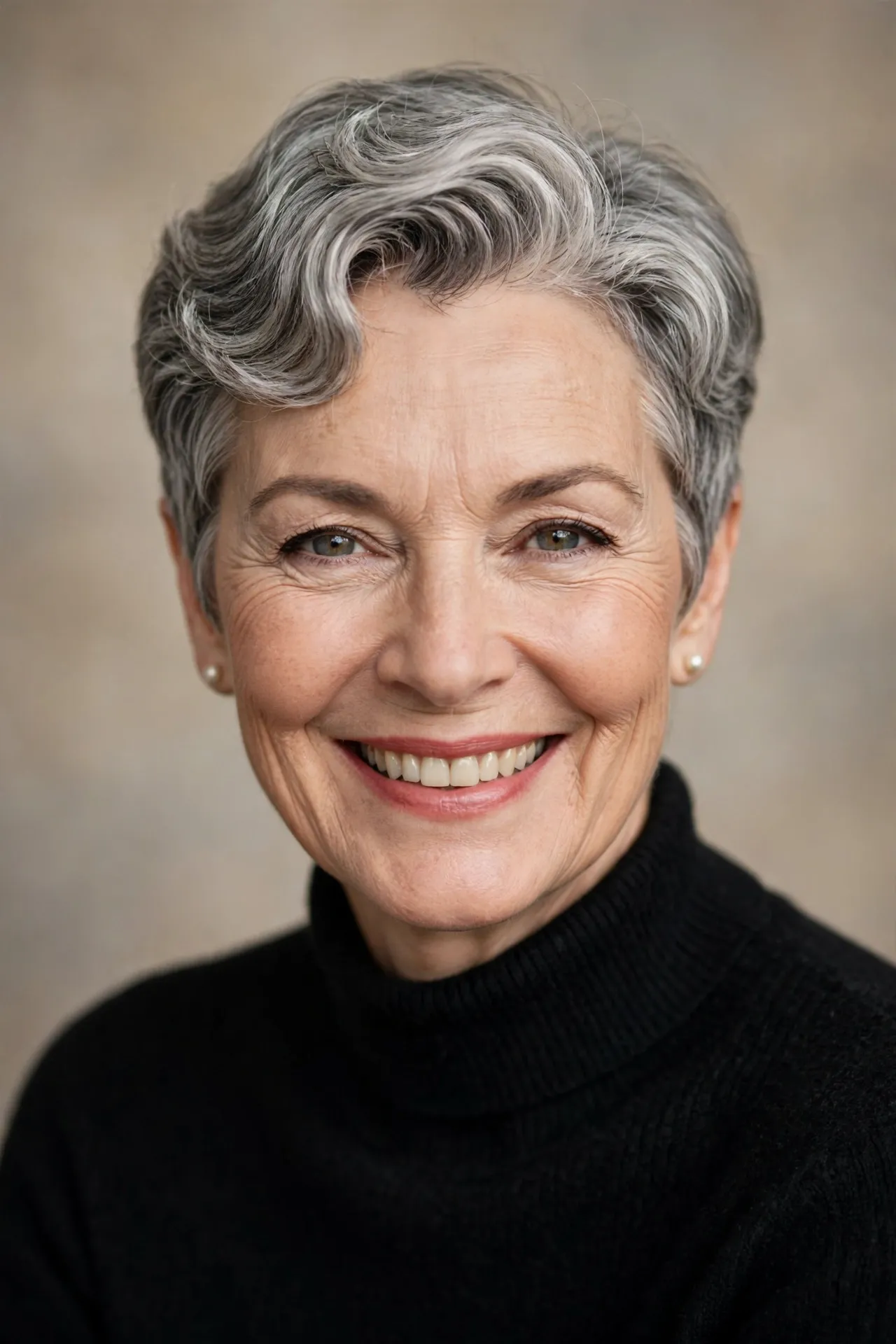 Very short 1950s pixie bob on gray hair