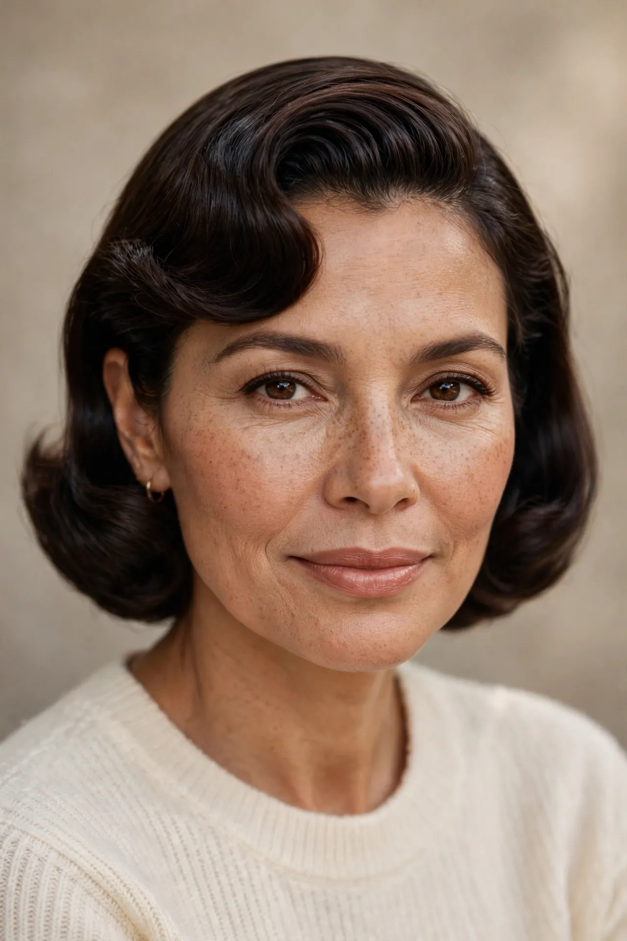 Sculpted 1950s bob with deep side part, glossy dark brown hair