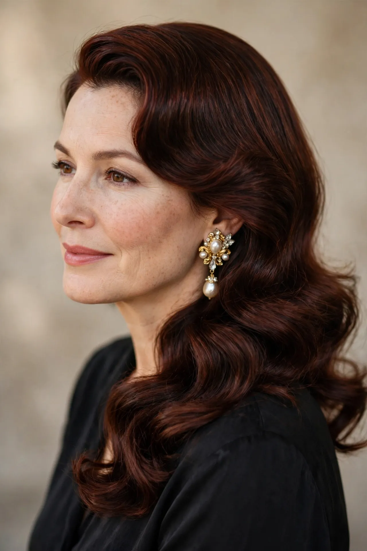 Side swept 1950s bob, dark auburn glossy waves