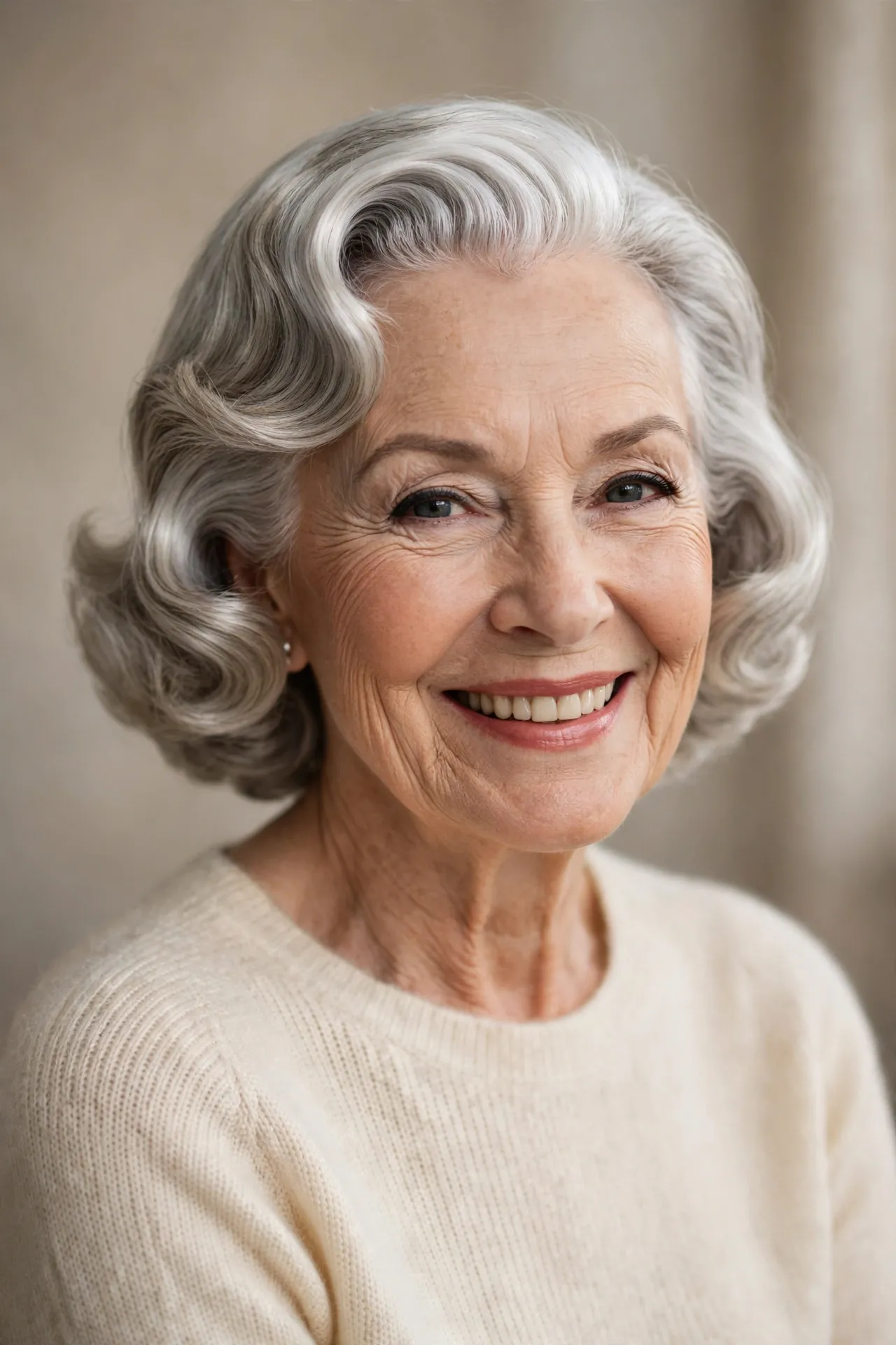 Elegant silver 1950s bob hairstyle on a woman in her 70s