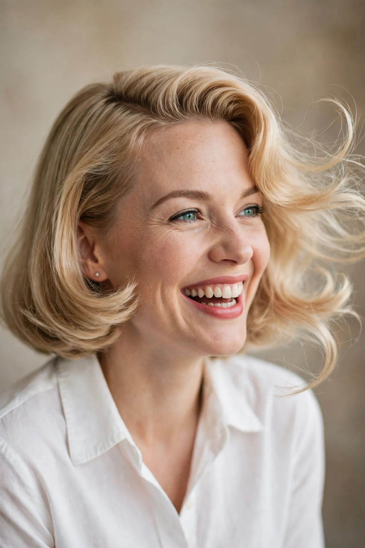 Swinging 1950s bob on blonde hair with bouncy ends