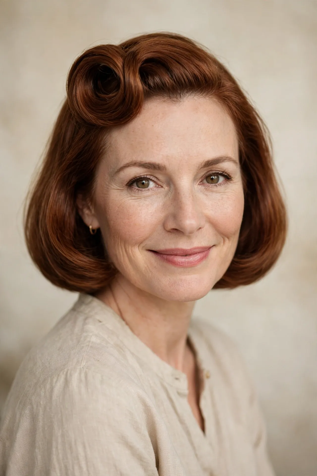 Victory roll bob with auburn hair, retro rolled front section