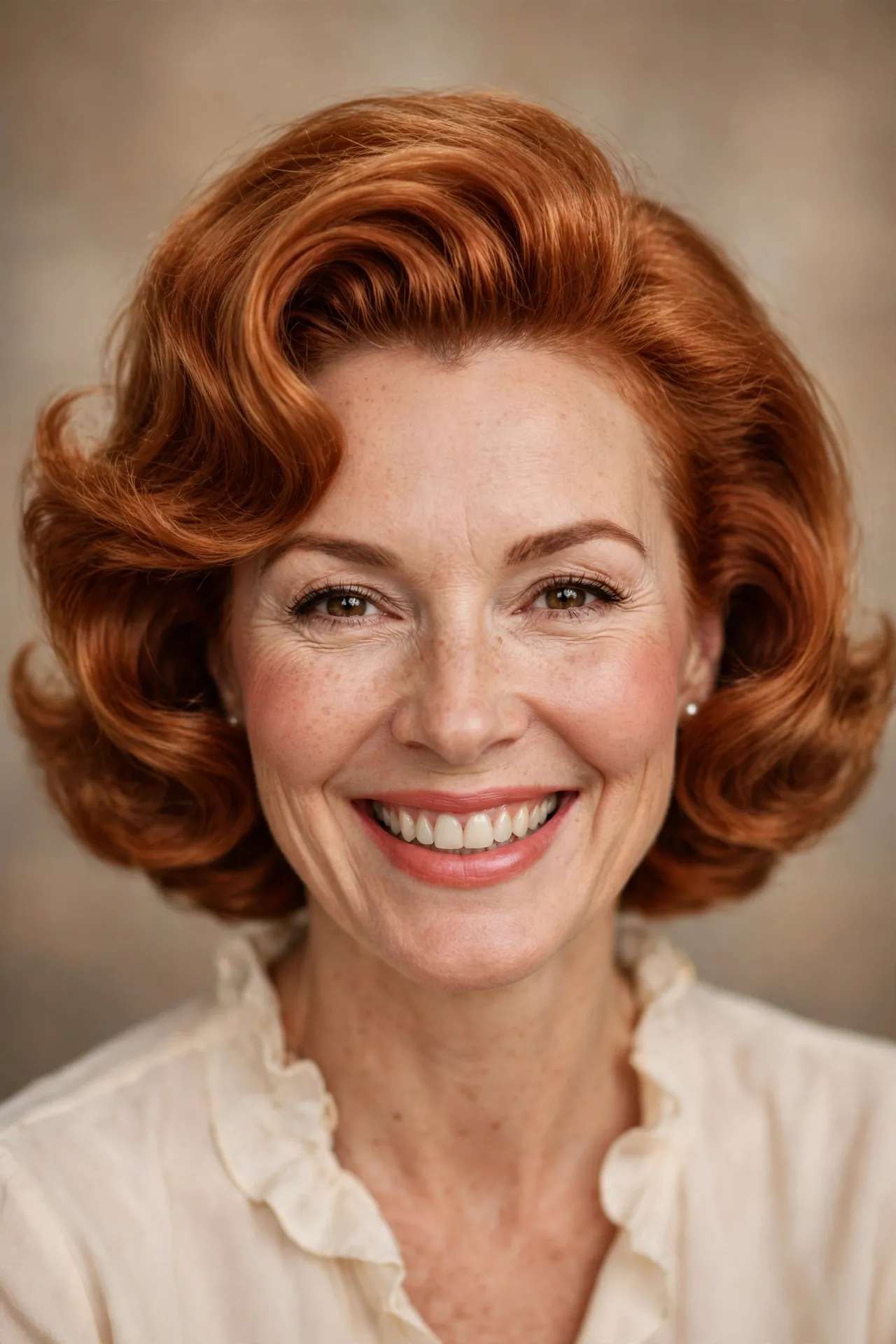 Voluminous 1950s blowout bob, copper hair with bouncy volume