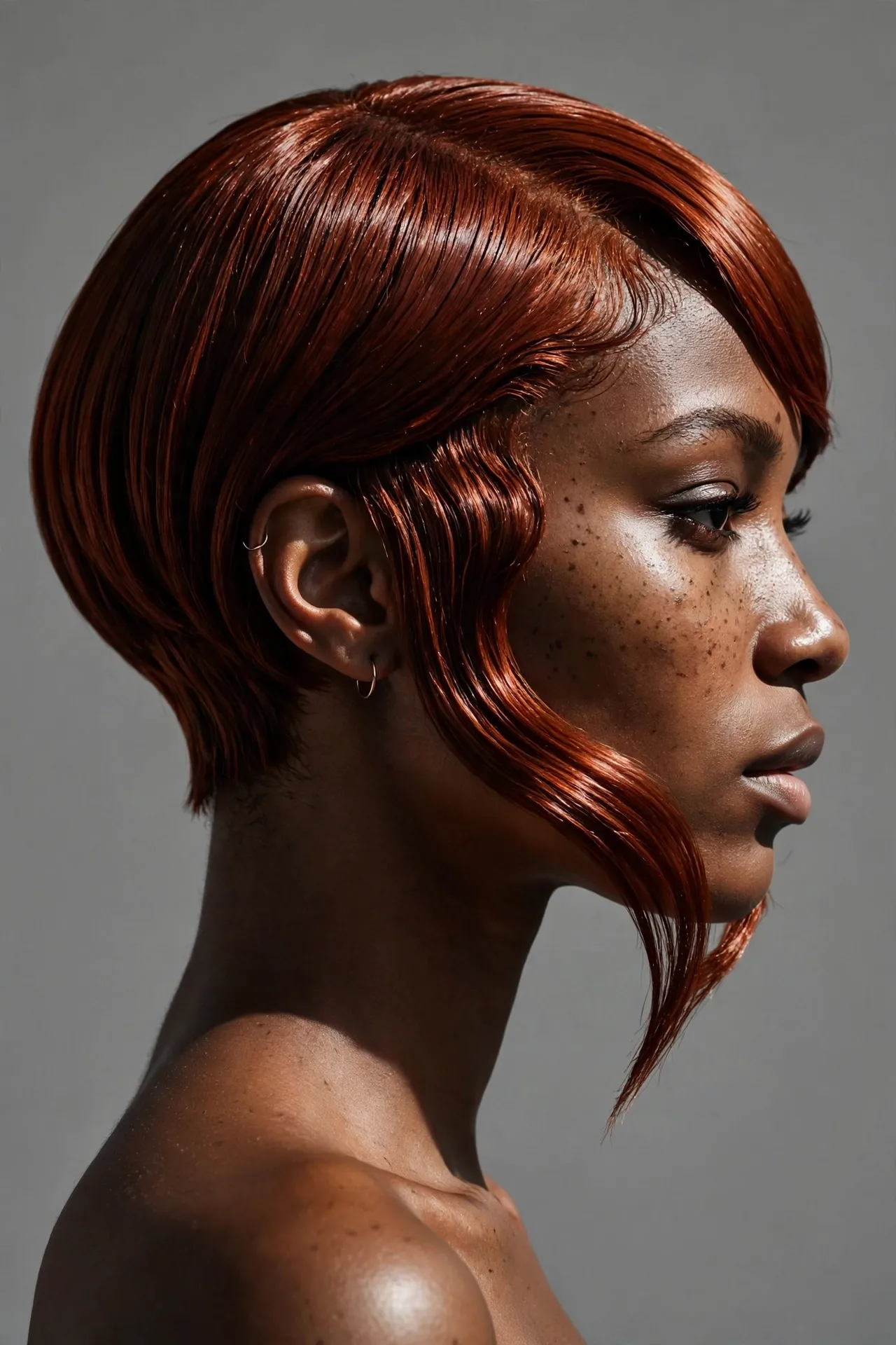Asymmetrical short bob in rich auburn, one side longer, dramatic studio profile