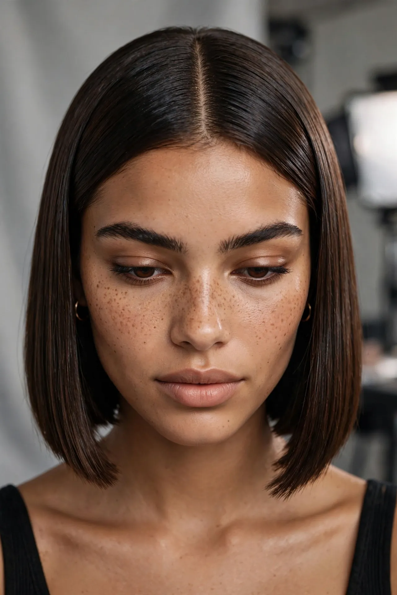 Jaw-length blunt bob with mirror shine, center part, front view